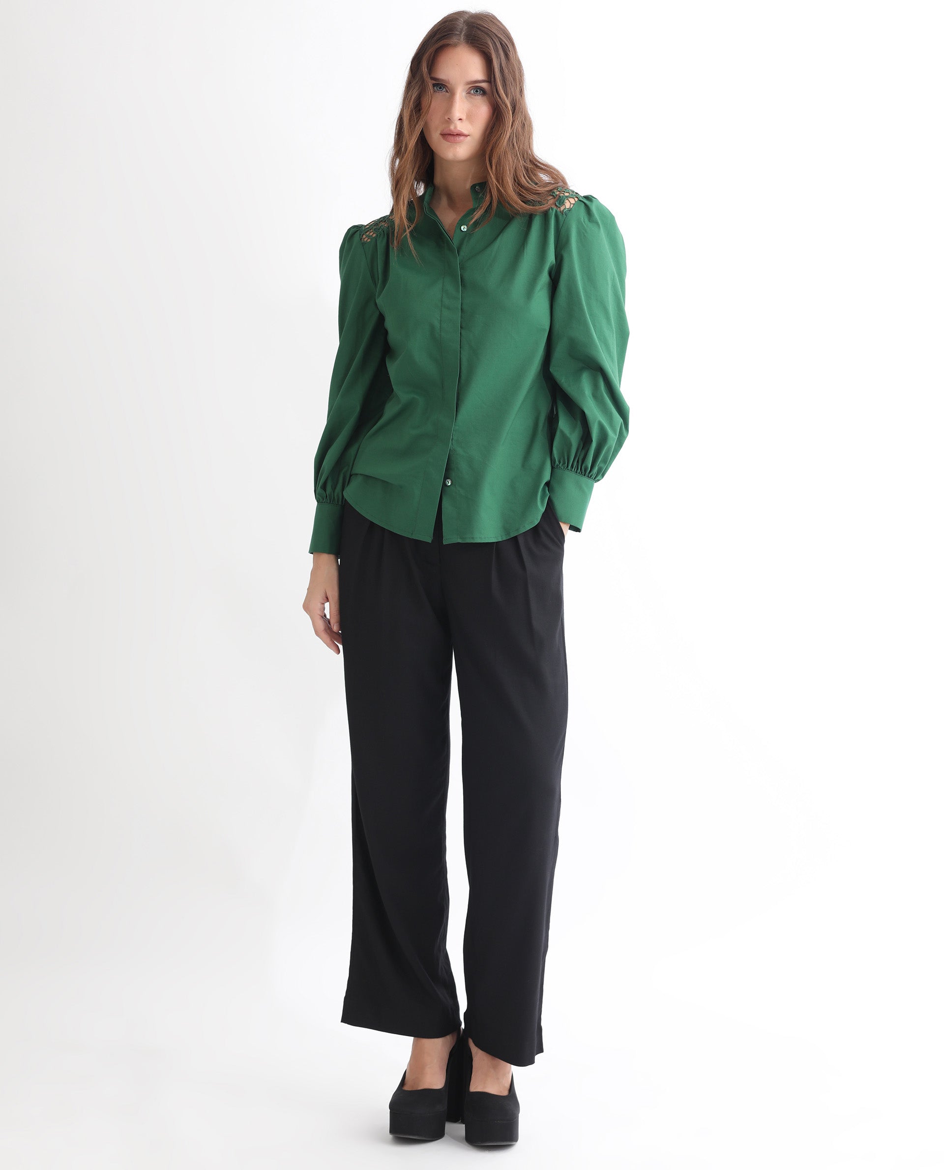 Women'S Laam Dark Green Cotton Blend Fabric Regular Fit Mandarin Collar Full Sleeves Solid Top