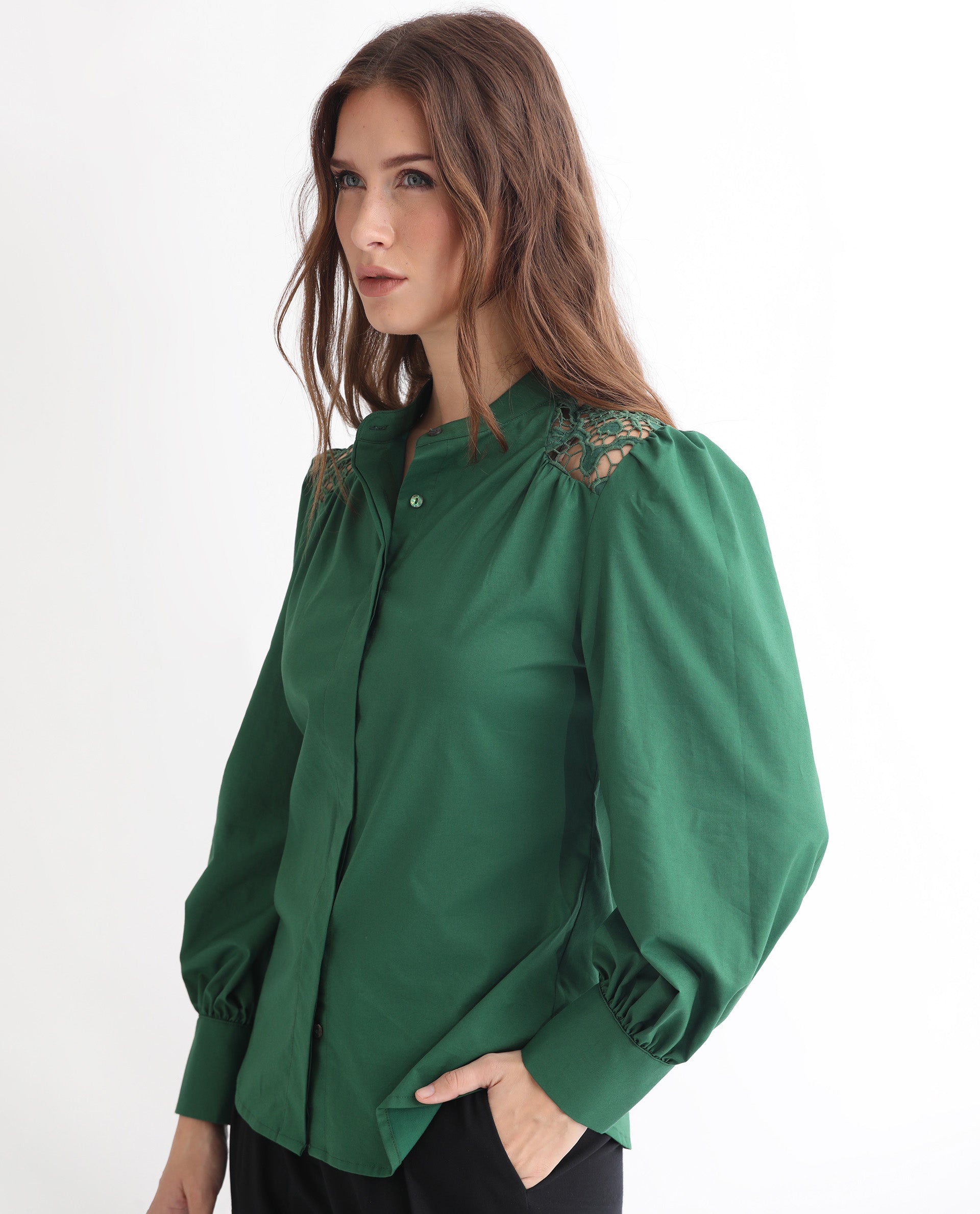 Women'S Laam Dark Green Cotton Blend Fabric Regular Fit Mandarin Collar Full Sleeves Solid Top