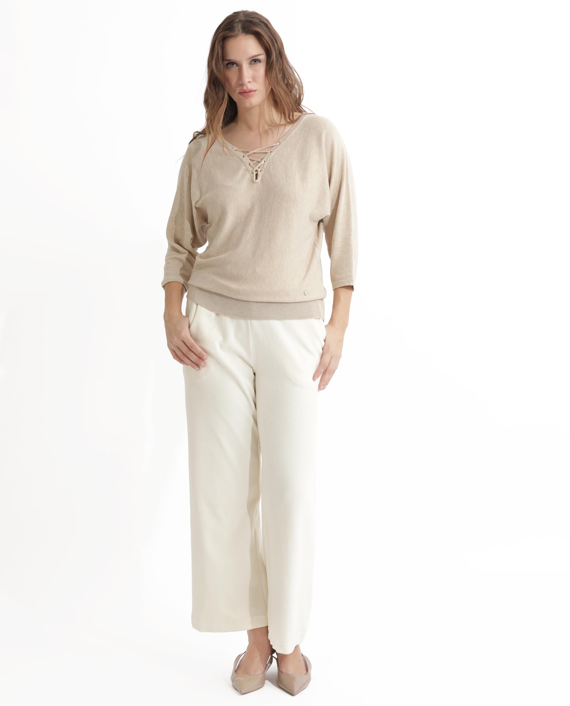 Women'S Laine Beige Viscose Fabric Regular Fit V-Neck Full Sleeves Solid Top