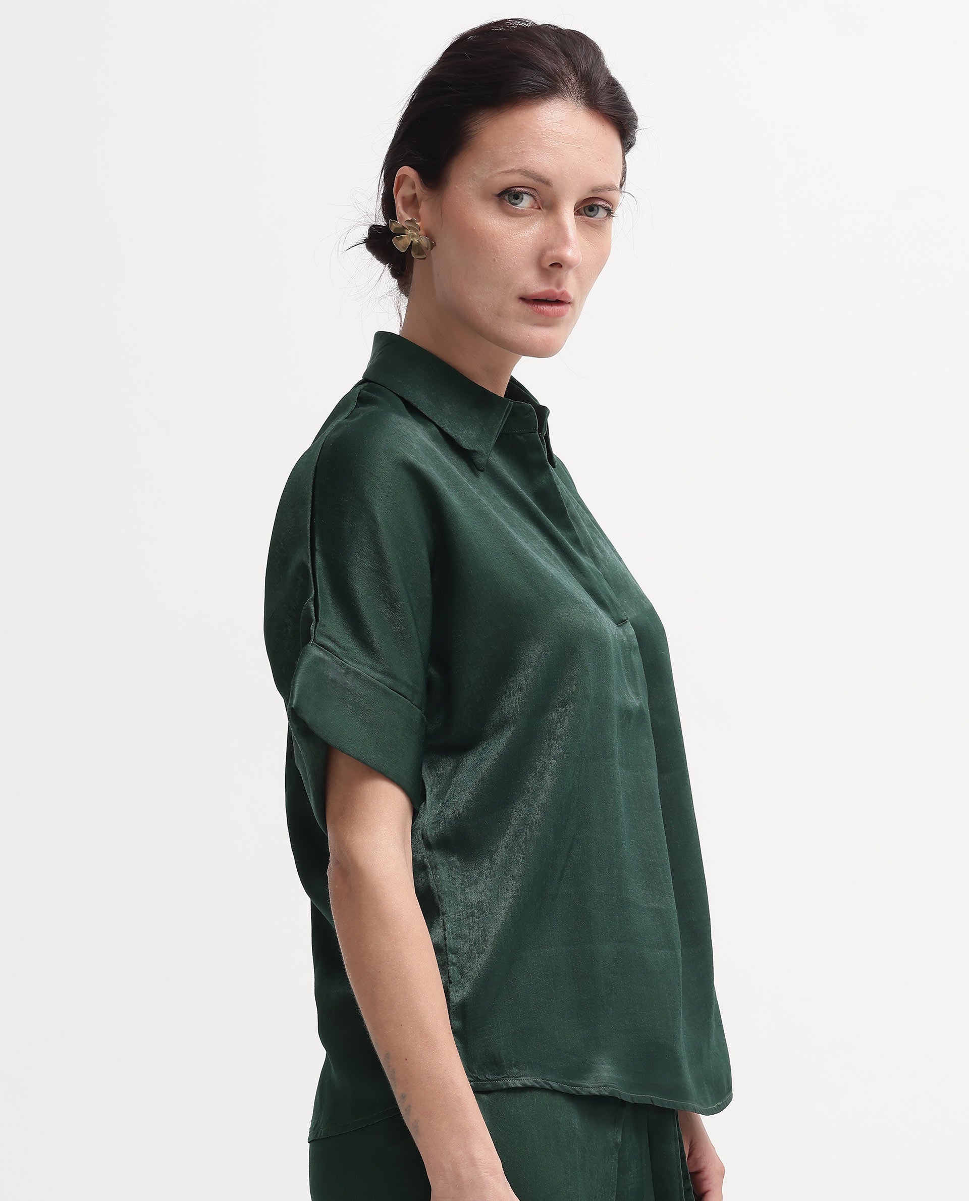 Women'S Lamona-T Dark Green Extended Sleeves Collared Neck Boxy Fit Plain Top