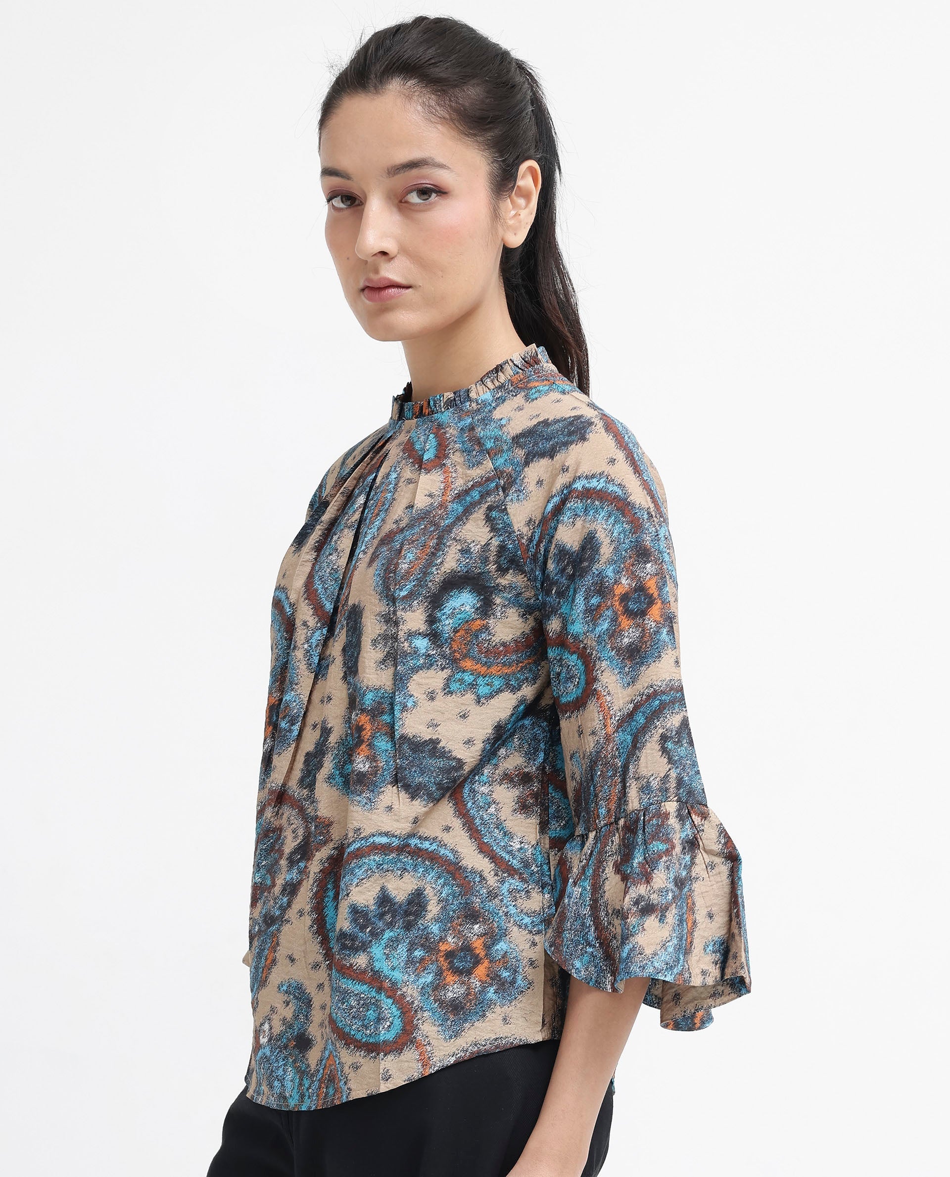 Women's Lavand Multi Raglan Sleeves Ruffled Neck Button Paisley Print Top