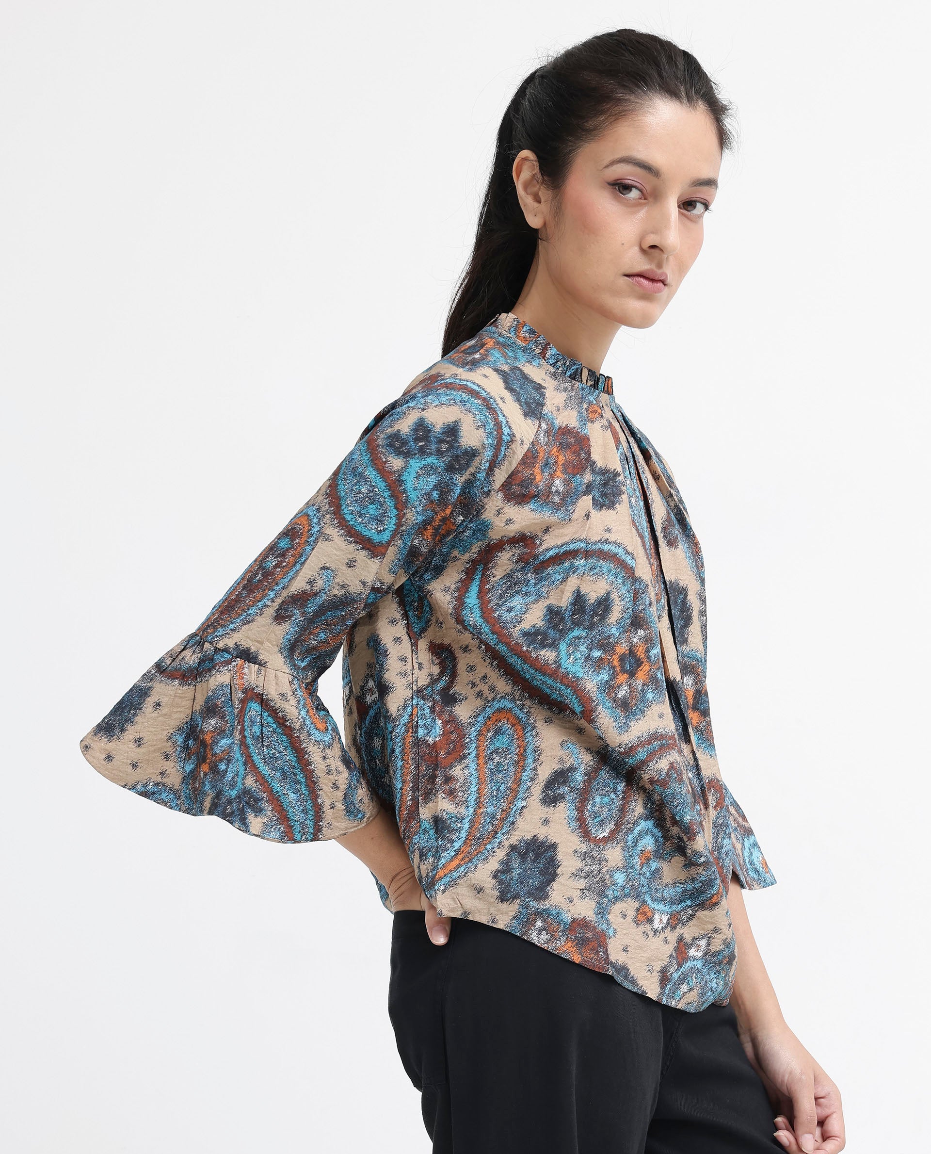 Women's Lavand Multi Raglan Sleeves Ruffled Neck Button Paisley Print Top