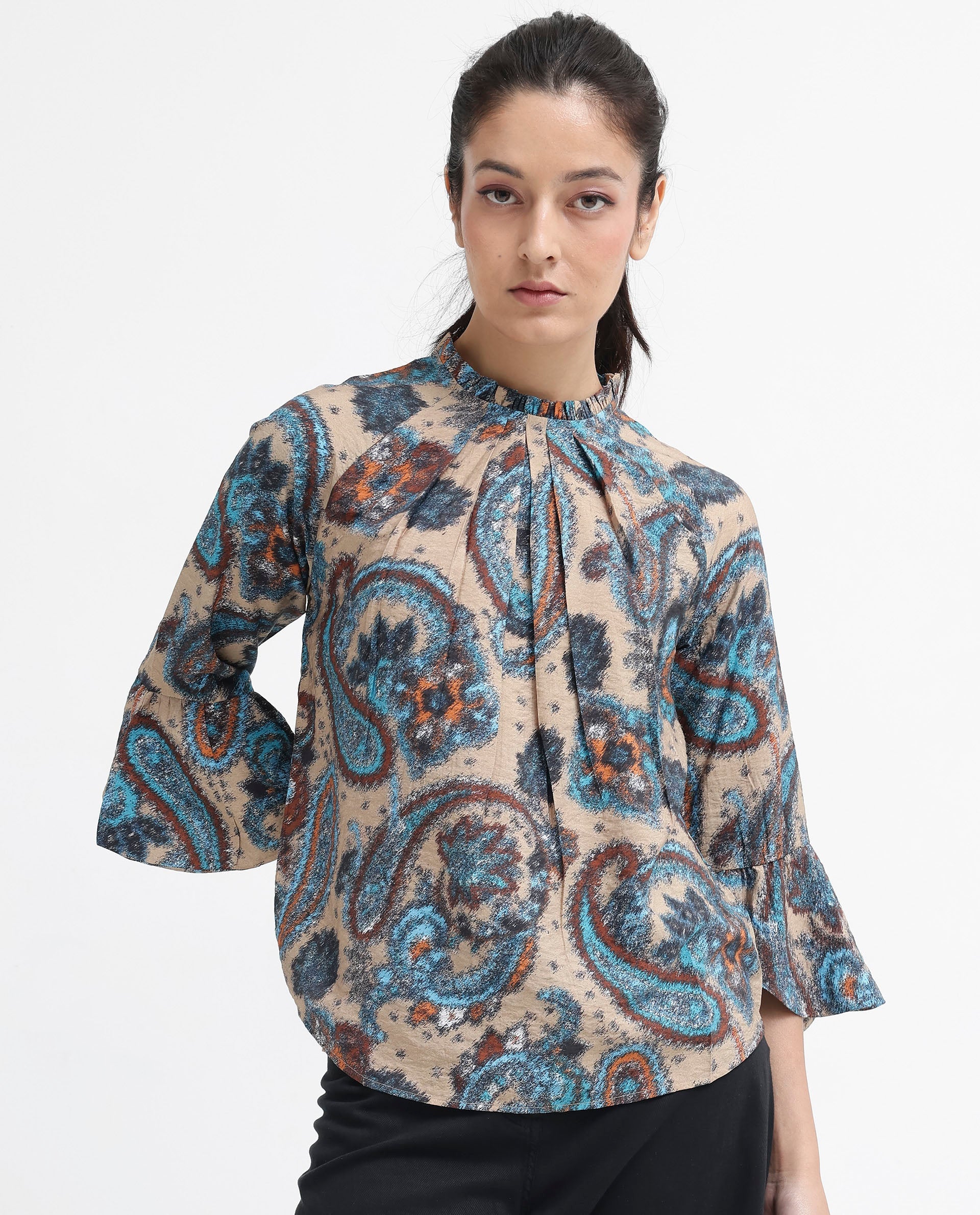 Women's Lavand Multi Raglan Sleeves Ruffled Neck Button Paisley Print Top