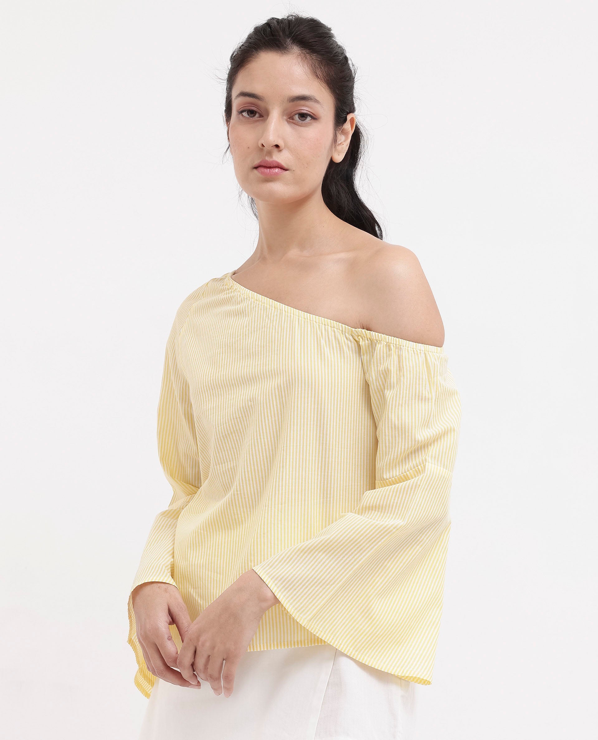 Women'S Leighton Pastel Yellow Cotton Fabric Full Sleeve One Shoulder Stripe Top