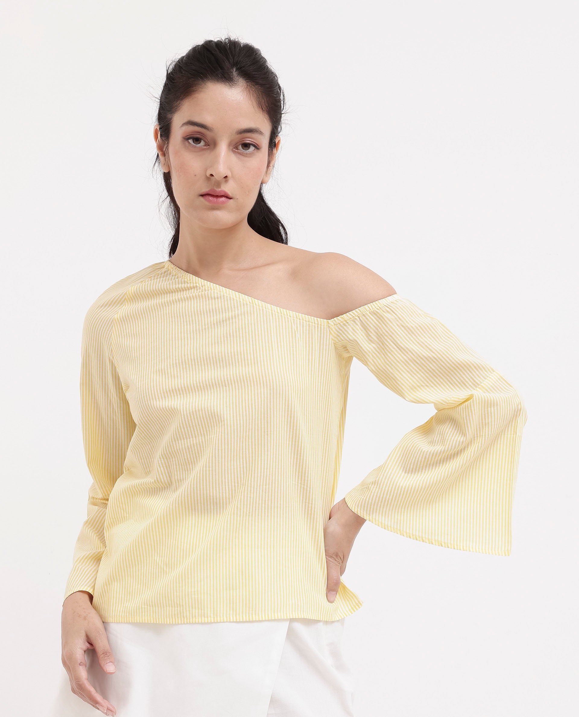 Women'S Leighton Pastel Yellow Cotton Fabric Full Sleeve One Shoulder Stripe Top