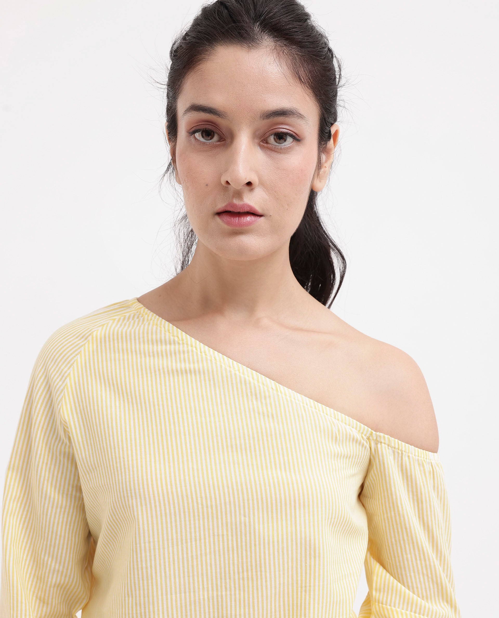 Women'S Leighton Pastel Yellow Cotton Fabric Full Sleeve One Shoulder Stripe Top