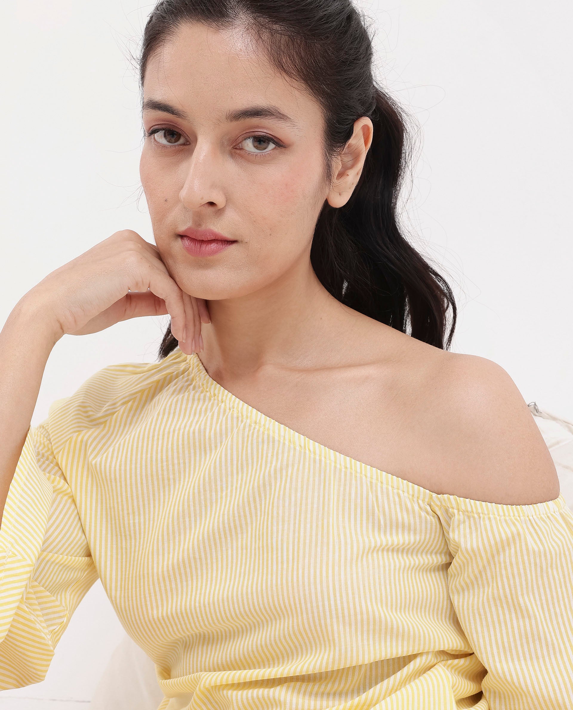 Women'S Leighton Pastel Yellow Cotton Fabric Full Sleeve One Shoulder Stripe Top