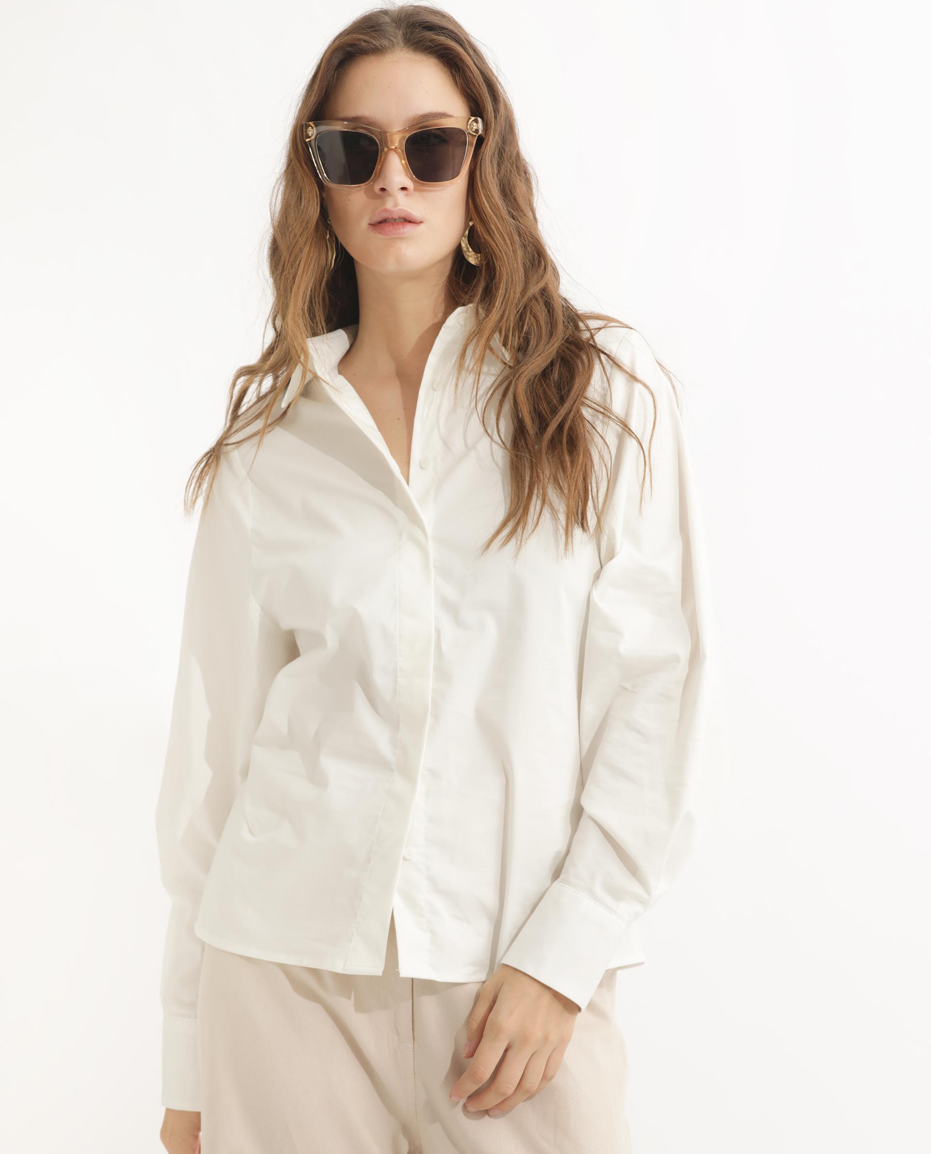 Women'S Letizia Off White Cotton Blend Fabric Regular Sleeve Shirt Collar Solid Shirt