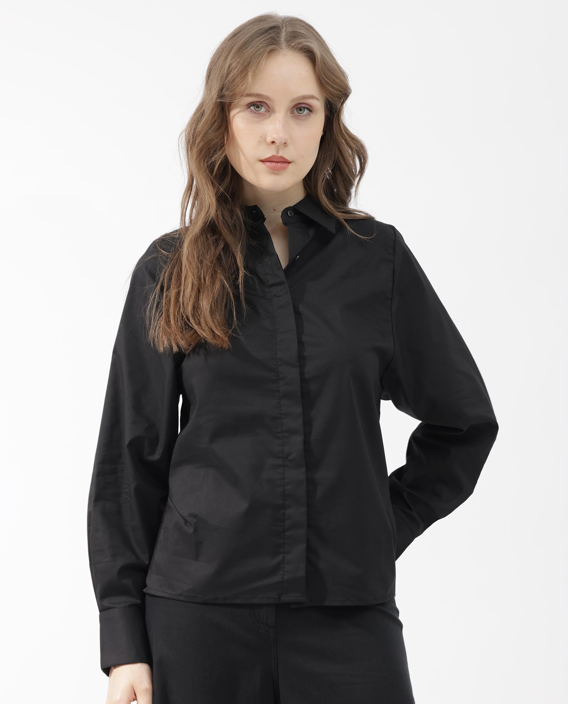 Womens Letizia Black Shirt Full Sleeve Hip Length Dyed