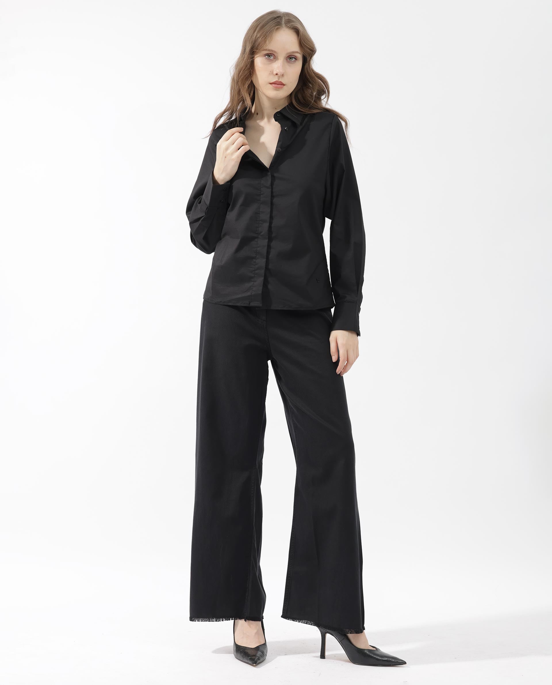 Womens Letizia Black Shirt Full Sleeve Hip Length Dyed