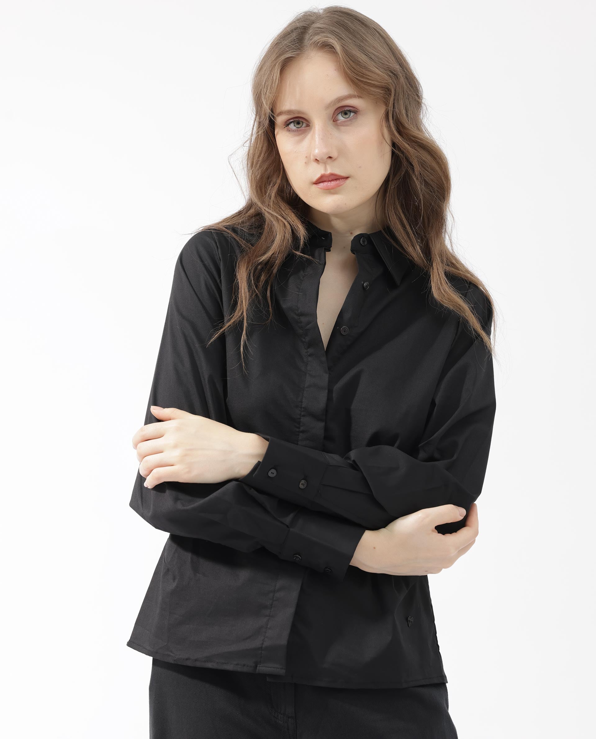 Womens Letizia Black Shirt Full Sleeve Hip Length Dyed