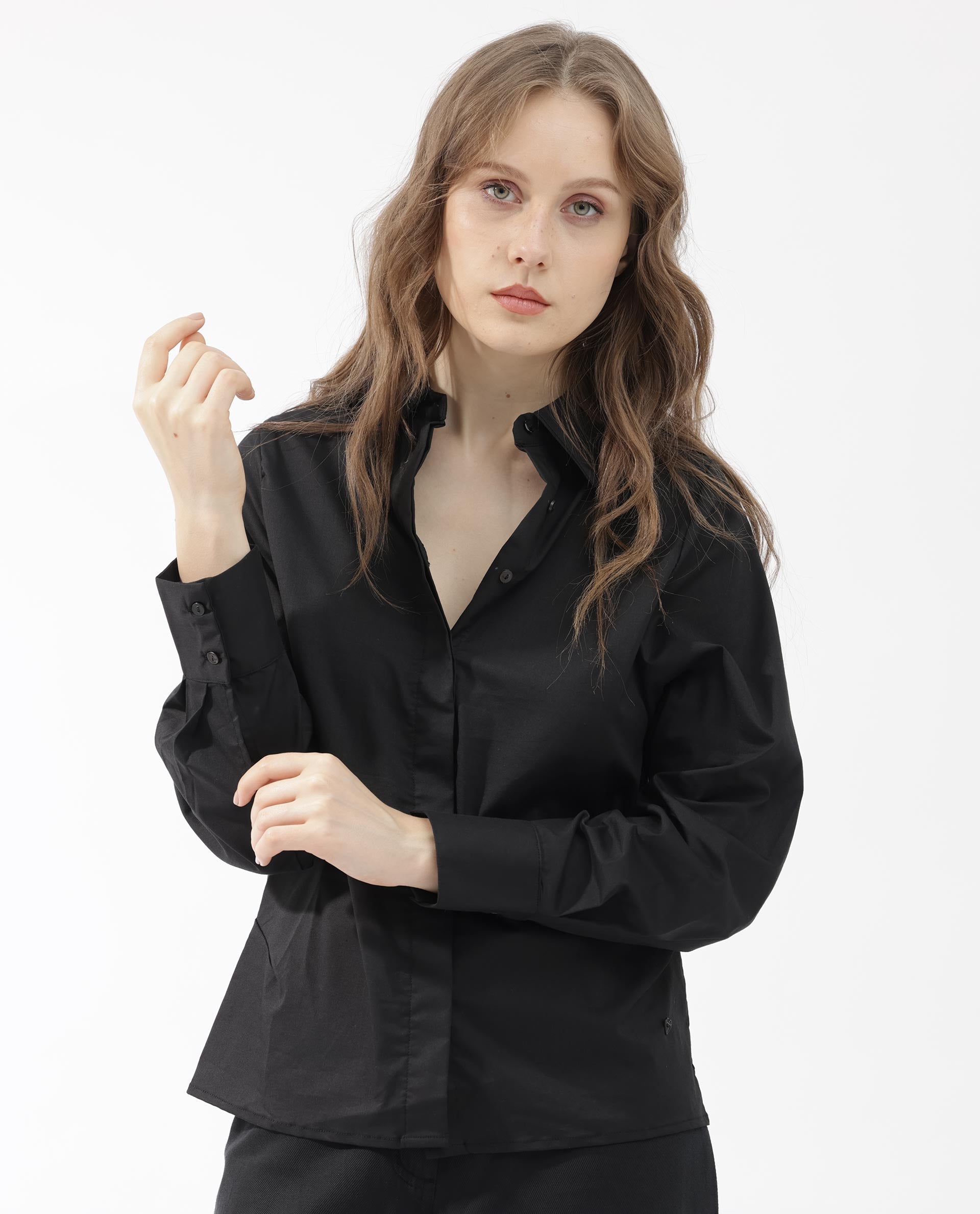 Womens Letizia Black Shirt Full Sleeve Hip Length Dyed