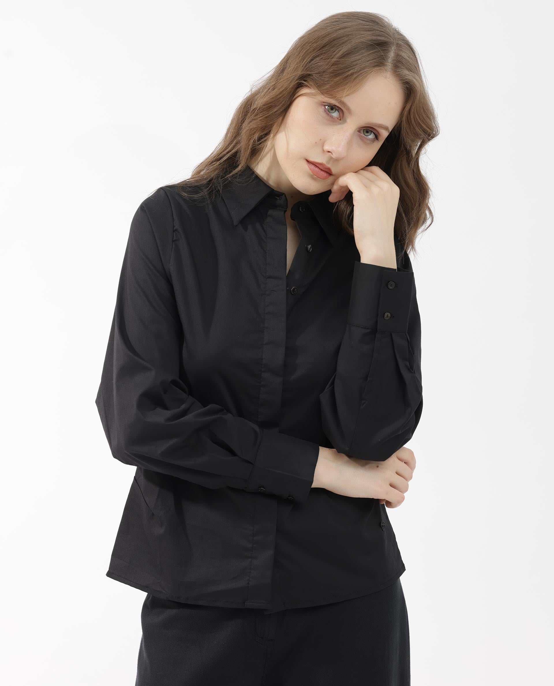 Womens Letizia Black Shirt Full Sleeve Hip Length Dyed