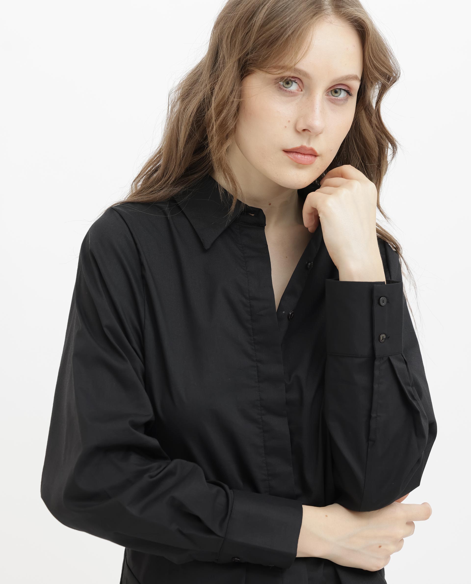 Womens Letizia Black Shirt Full Sleeve Hip Length Dyed