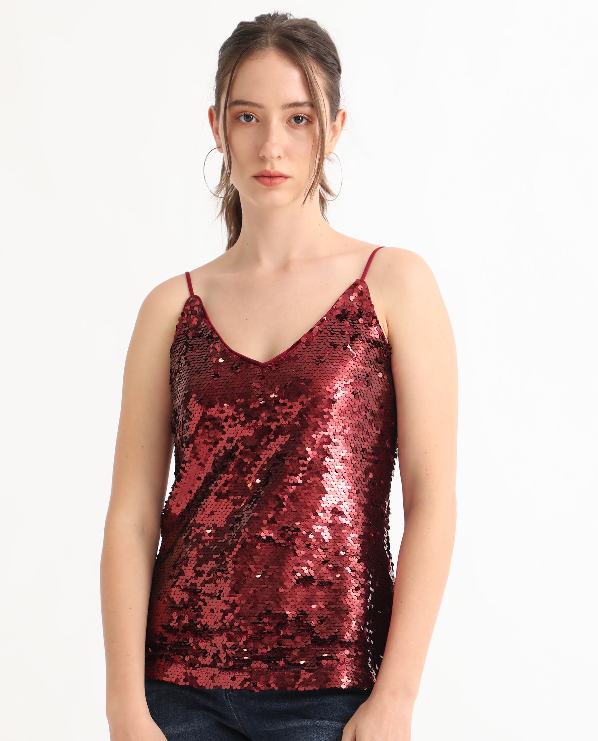 Women'S Lilo Sheen Red Polyester Fabric Sleeveless V-Neck Shoulder Straps Regular Fit Sequined Top