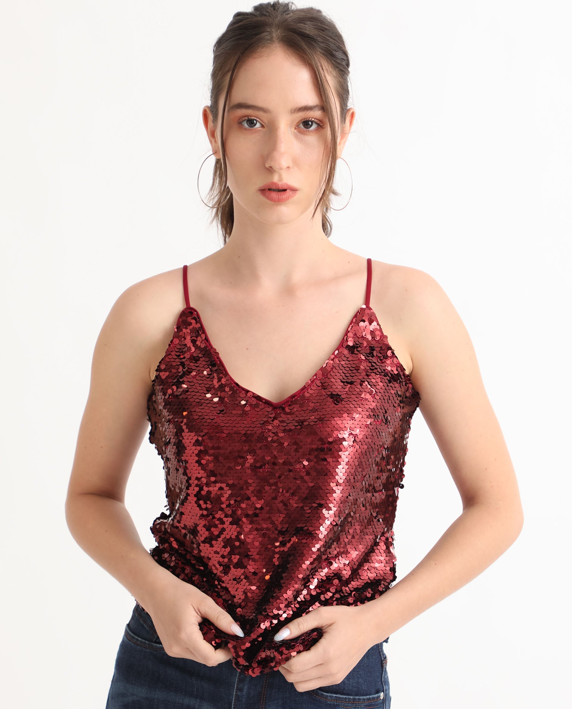 Women'S Lilo Sheen Red Polyester Fabric Sleeveless V-Neck Shoulder Straps Regular Fit Sequined Top