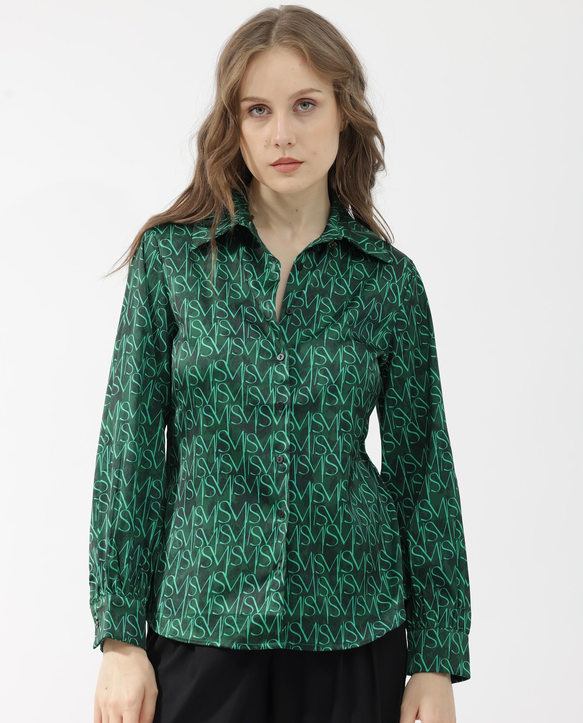 Women'S Lindsay Dark Green Polyester Fabric Full Sleeves Button Closure Collared Neck Cuffed Sleeve Regular Fit Monogram Top