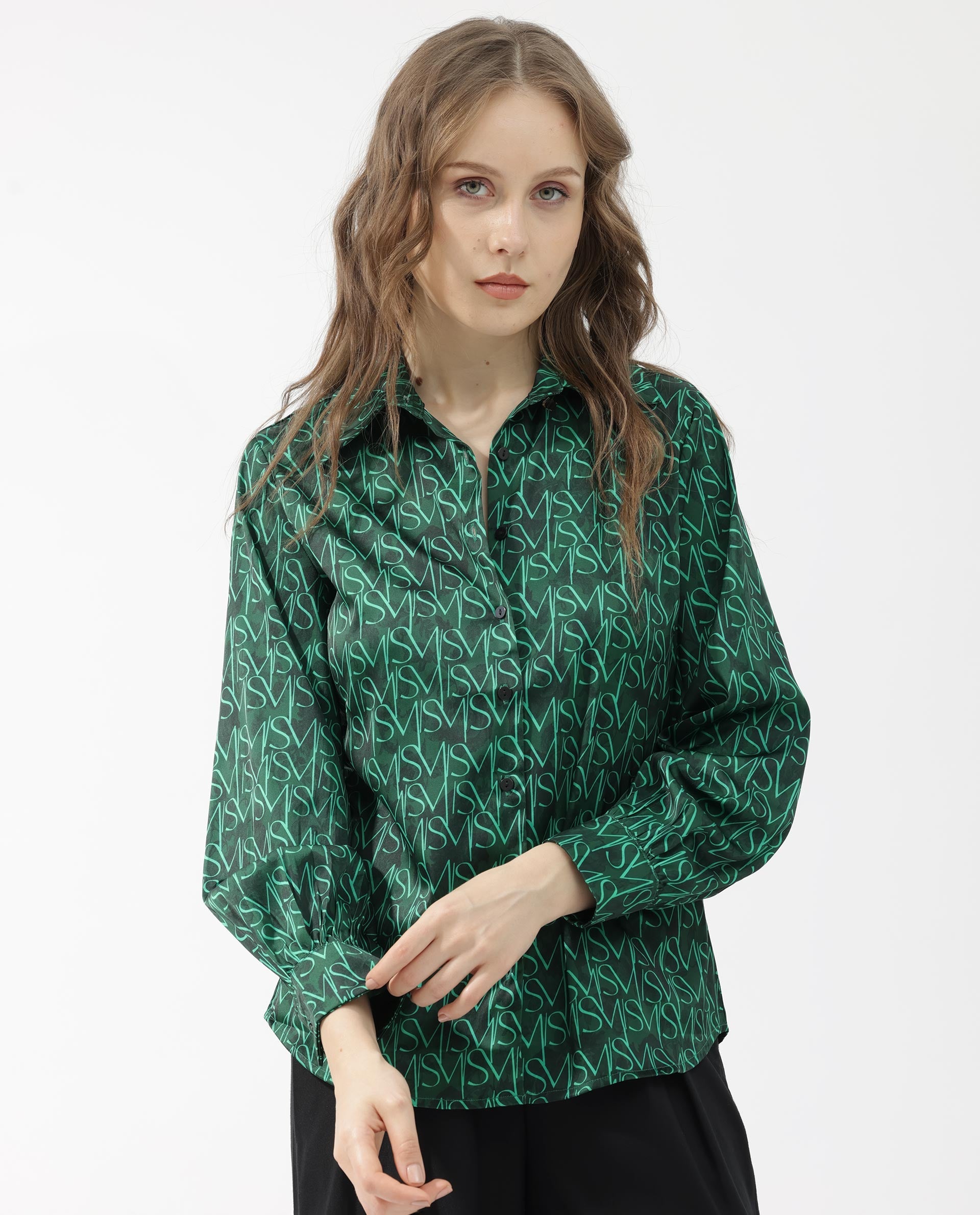 Women'S Lindsay Dark Green Polyester Fabric Full Sleeves Button Closure Collared Neck Cuffed Sleeve Regular Fit Monogram Top