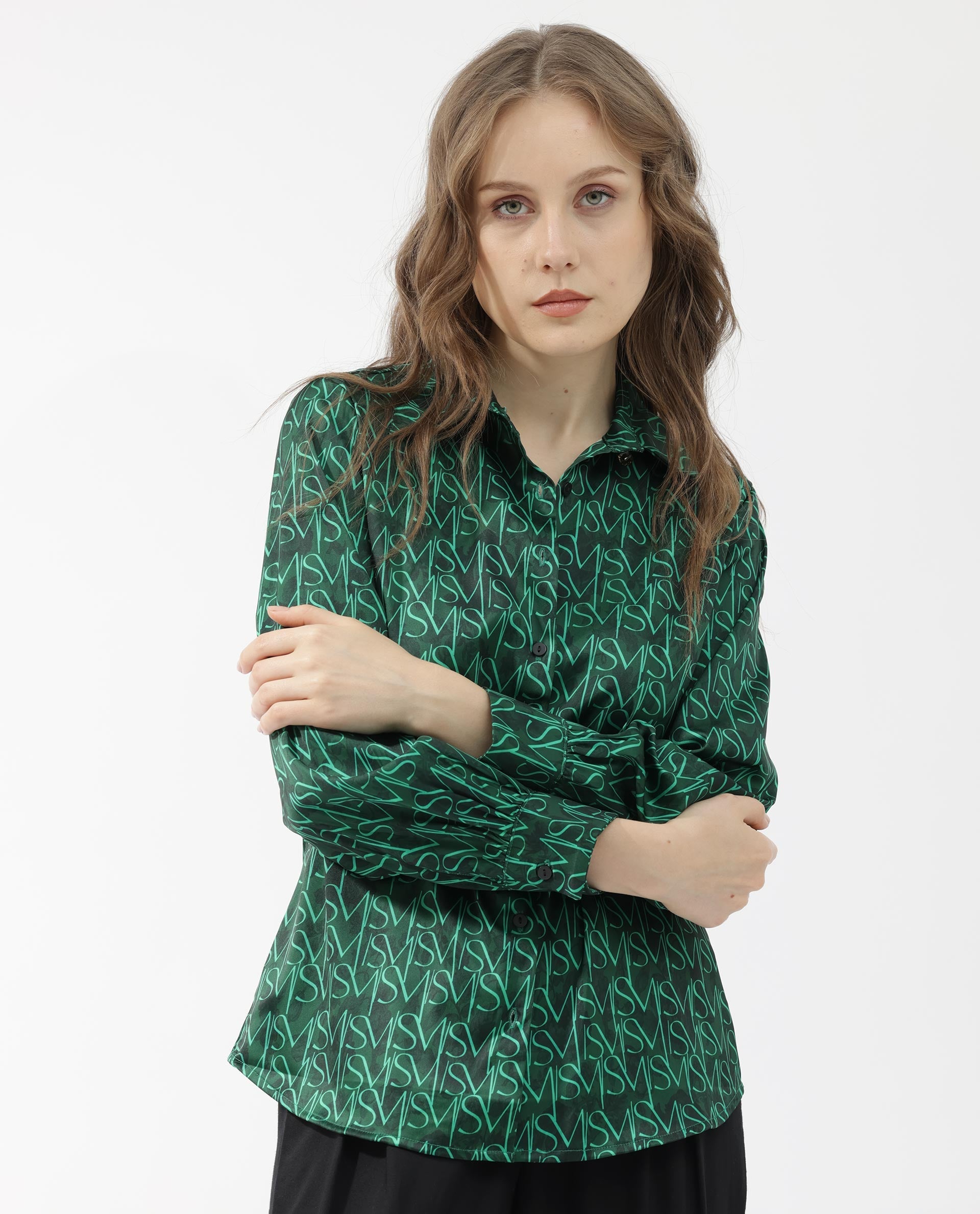 Women'S Lindsay Dark Green Polyester Fabric Full Sleeves Button Closure Collared Neck Cuffed Sleeve Regular Fit Monogram Top