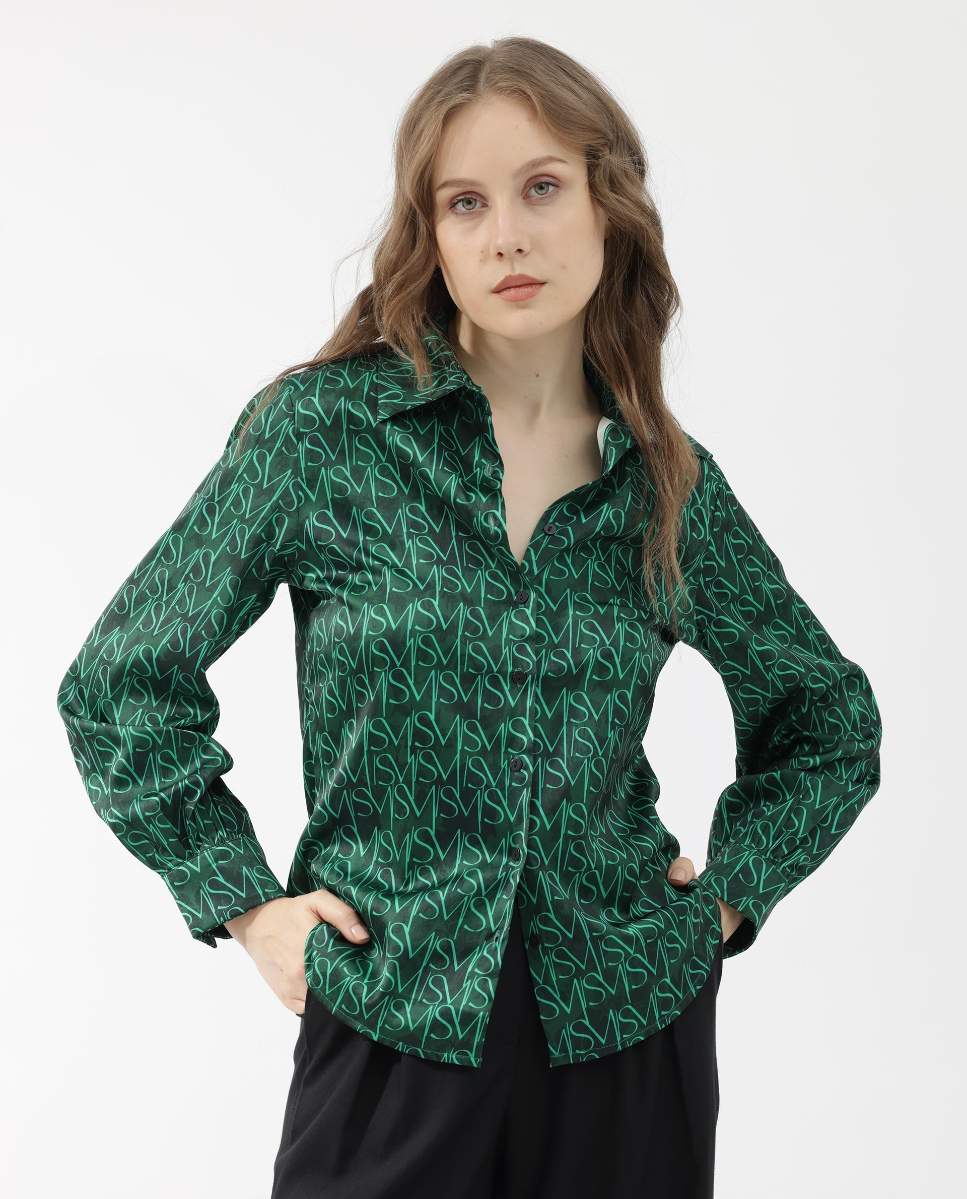 Women'S Lindsay Dark Green Polyester Fabric Full Sleeves Button Closure Collared Neck Cuffed Sleeve Regular Fit Monogram Top