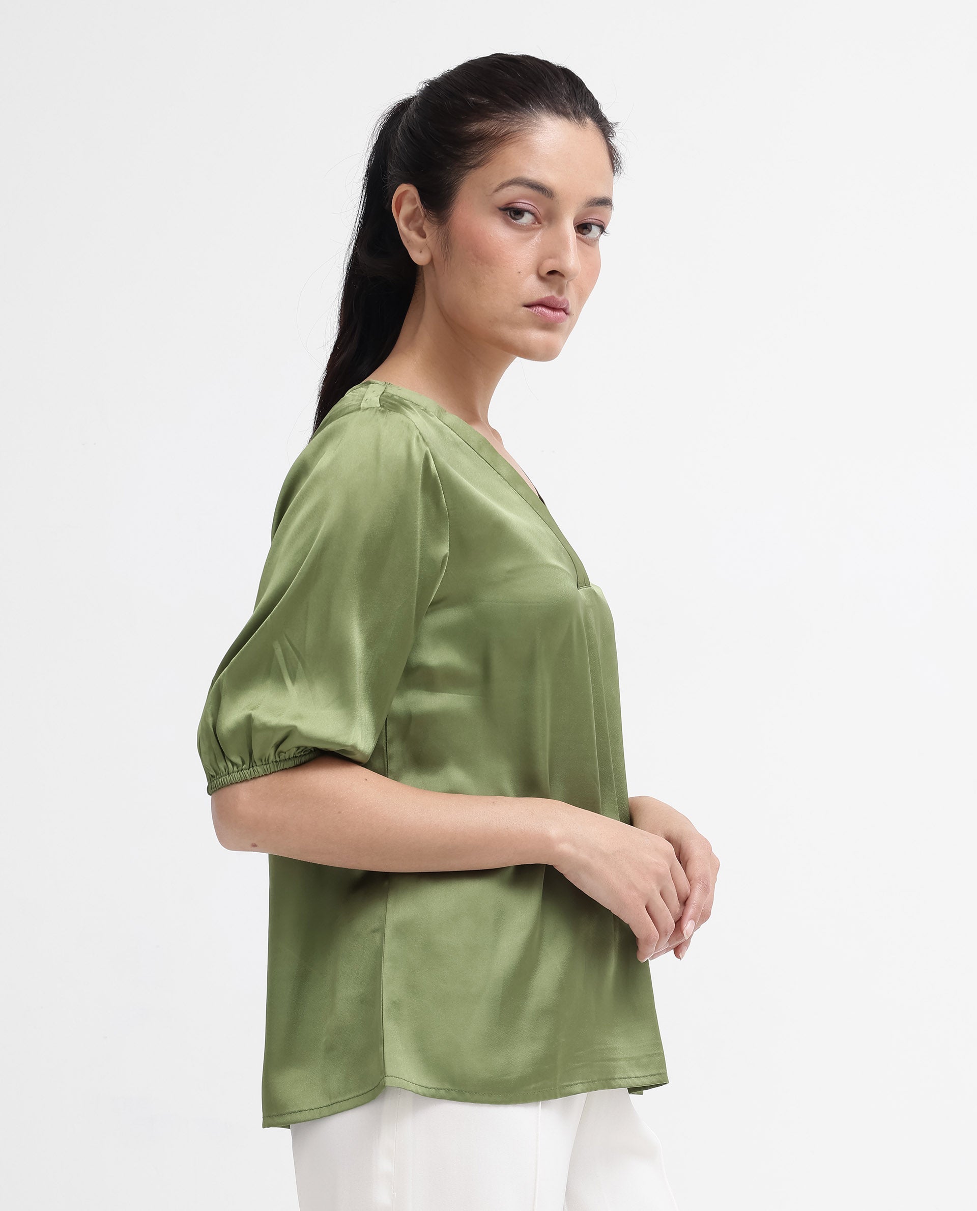 Women'S Linus Dark Green Polyester Fabric HALF Sleeve V-Neck Button Closure Solid Regular Fit Top