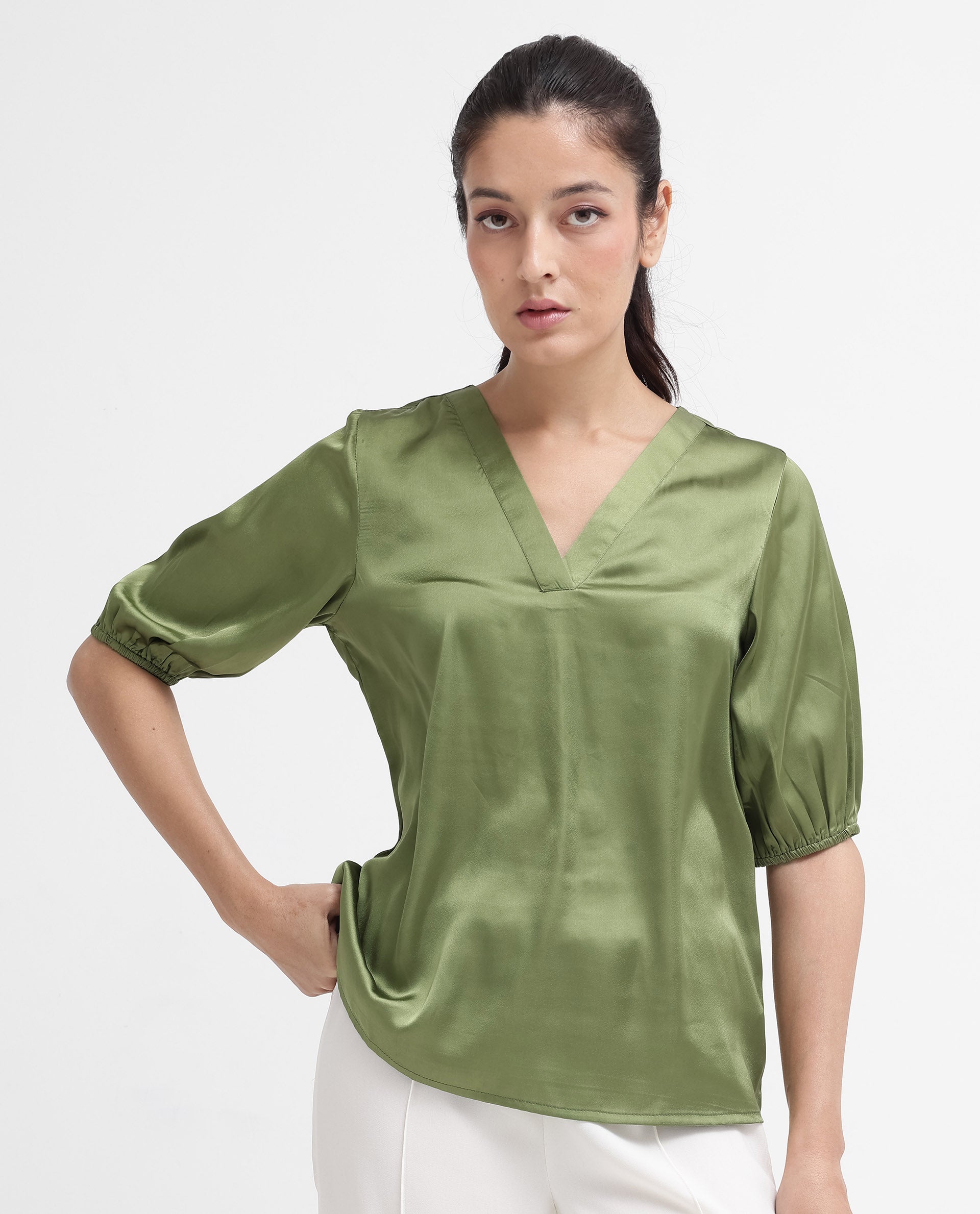 Women'S Linus Dark Green Polyester Fabric HALF Sleeve V-Neck Button Closure Solid Regular Fit Top