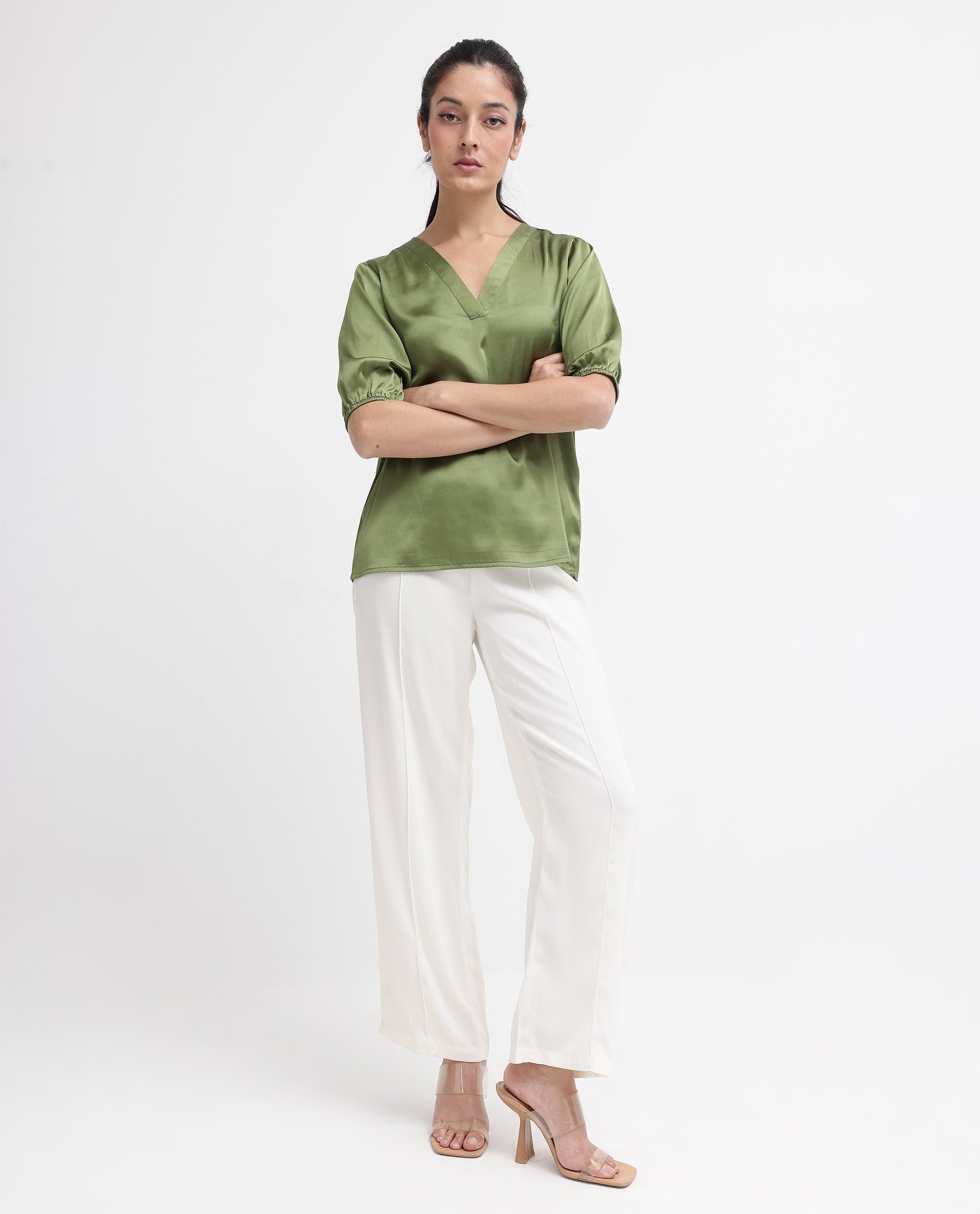 Women'S Linus Dark Green Polyester Fabric HALF Sleeve V-Neck Button Closure Solid Regular Fit Top