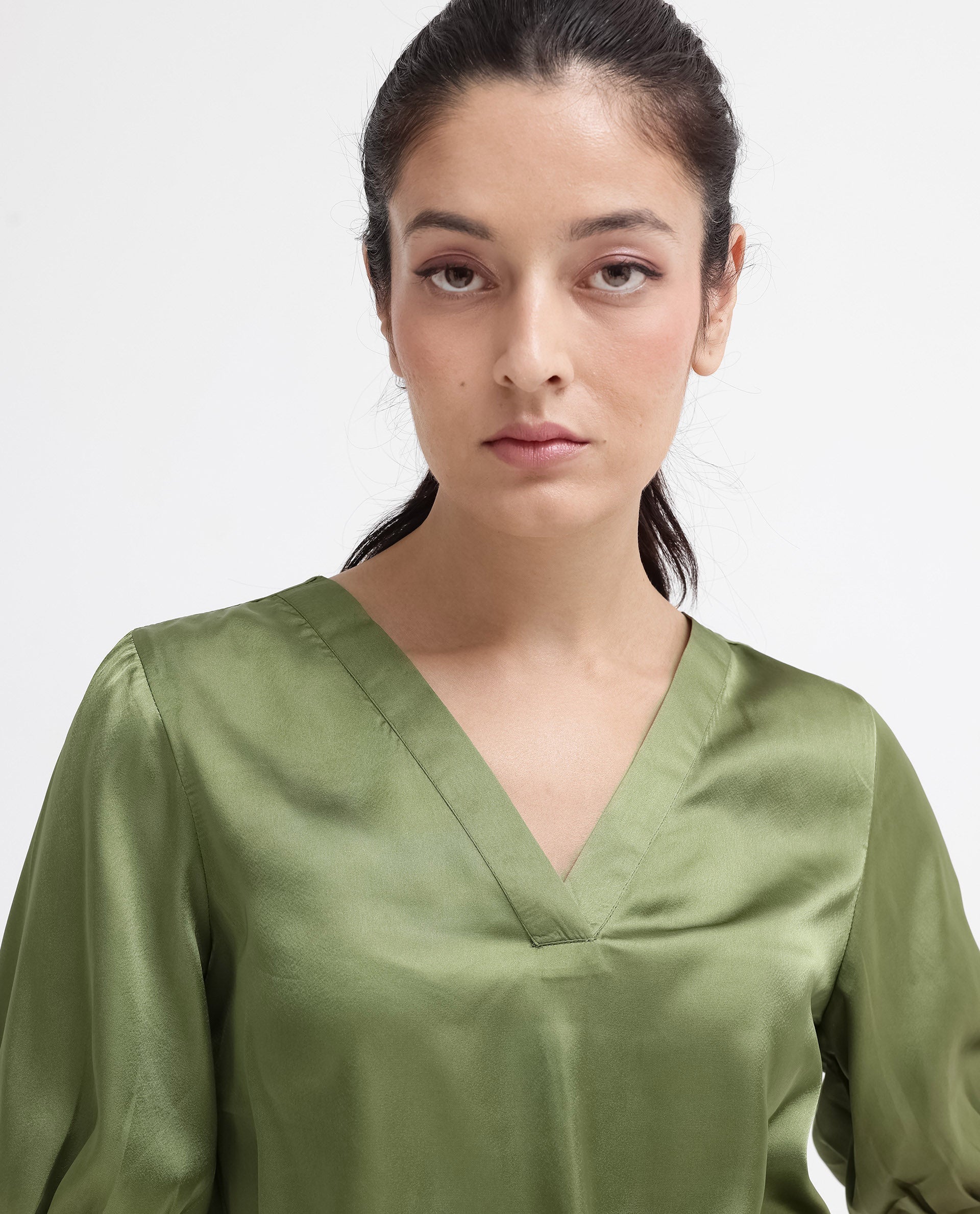 Women'S Linus Dark Green Polyester Fabric HALF Sleeve V-Neck Button Closure Solid Regular Fit Top