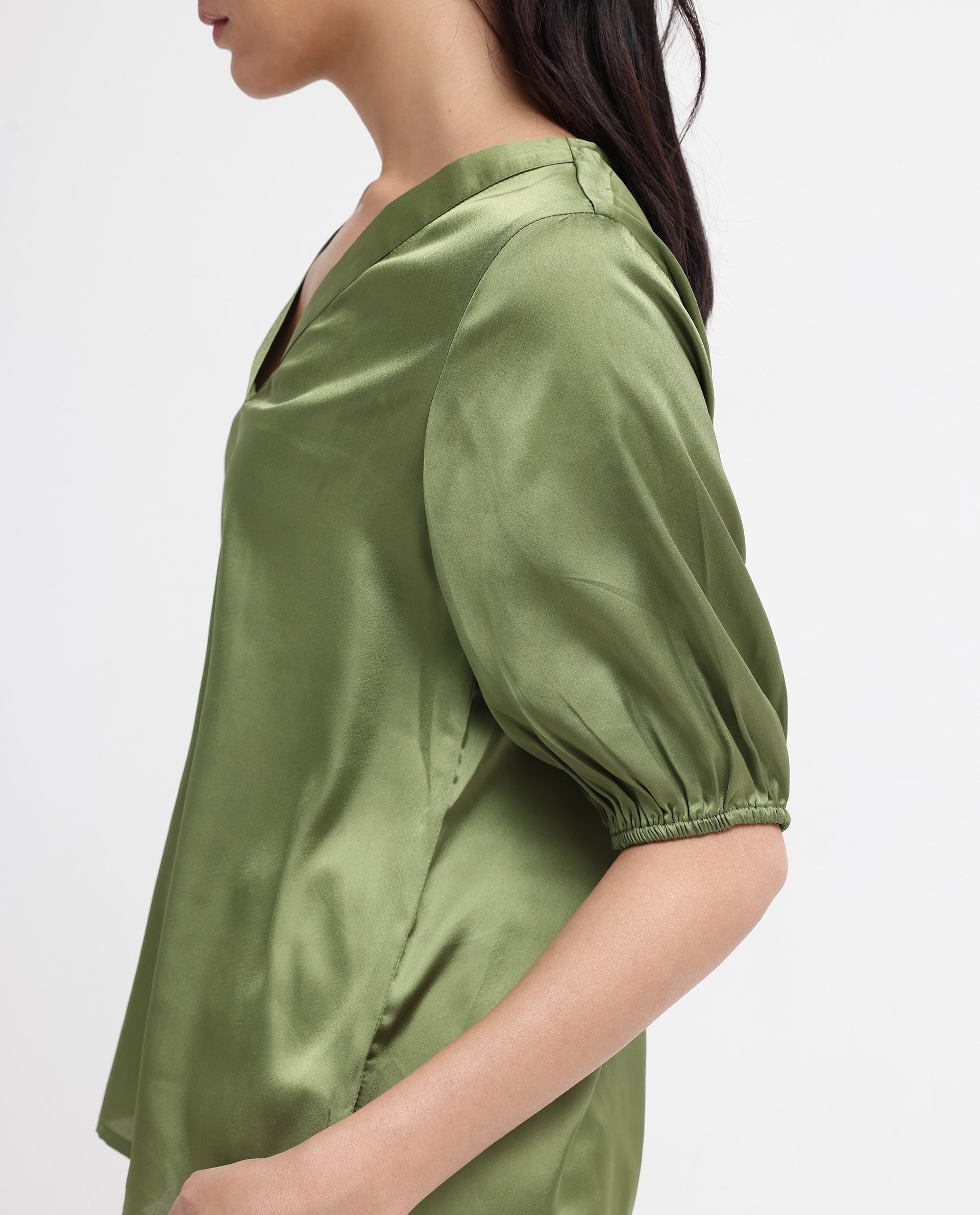 Women'S Linus Dark Green Polyester Fabric HALF Sleeve V-Neck Button Closure Solid Regular Fit Top