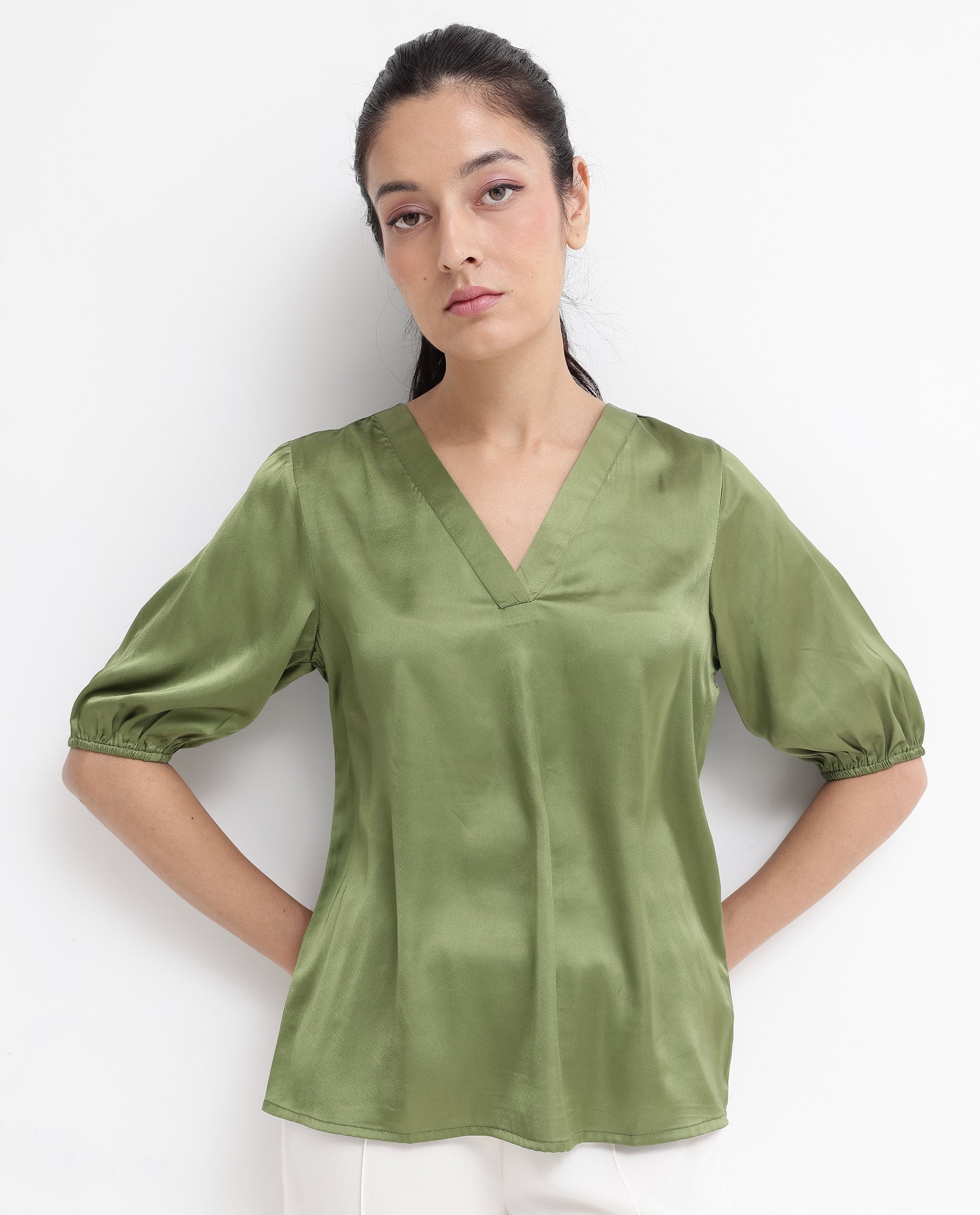 Women'S Linus Dark Green Polyester Fabric HALF Sleeve V-Neck Button Closure Solid Regular Fit Top