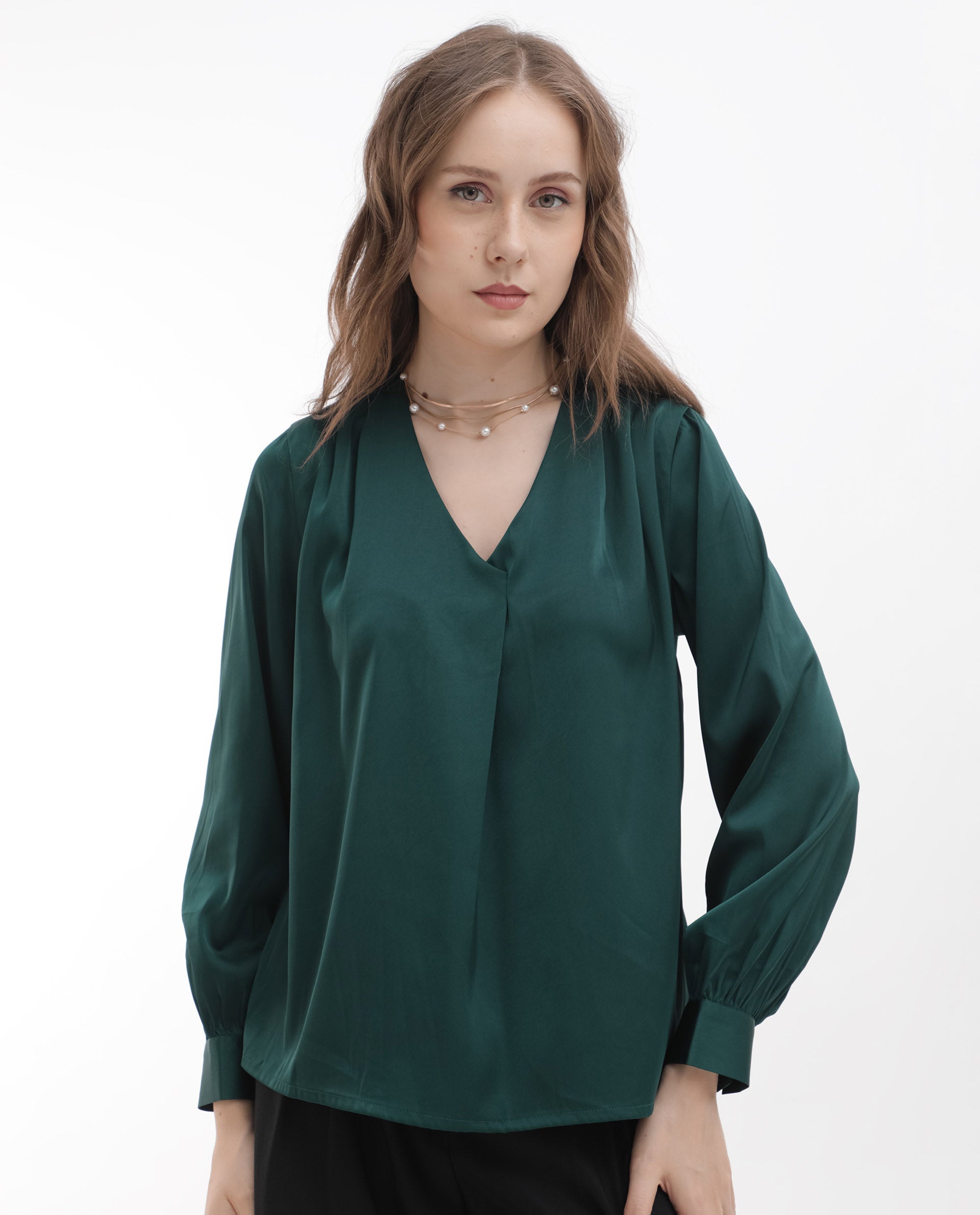 Women'S Lohan Dark Green Polyester Fabric Full Sleeve V-Neck Solid Regular Length Top