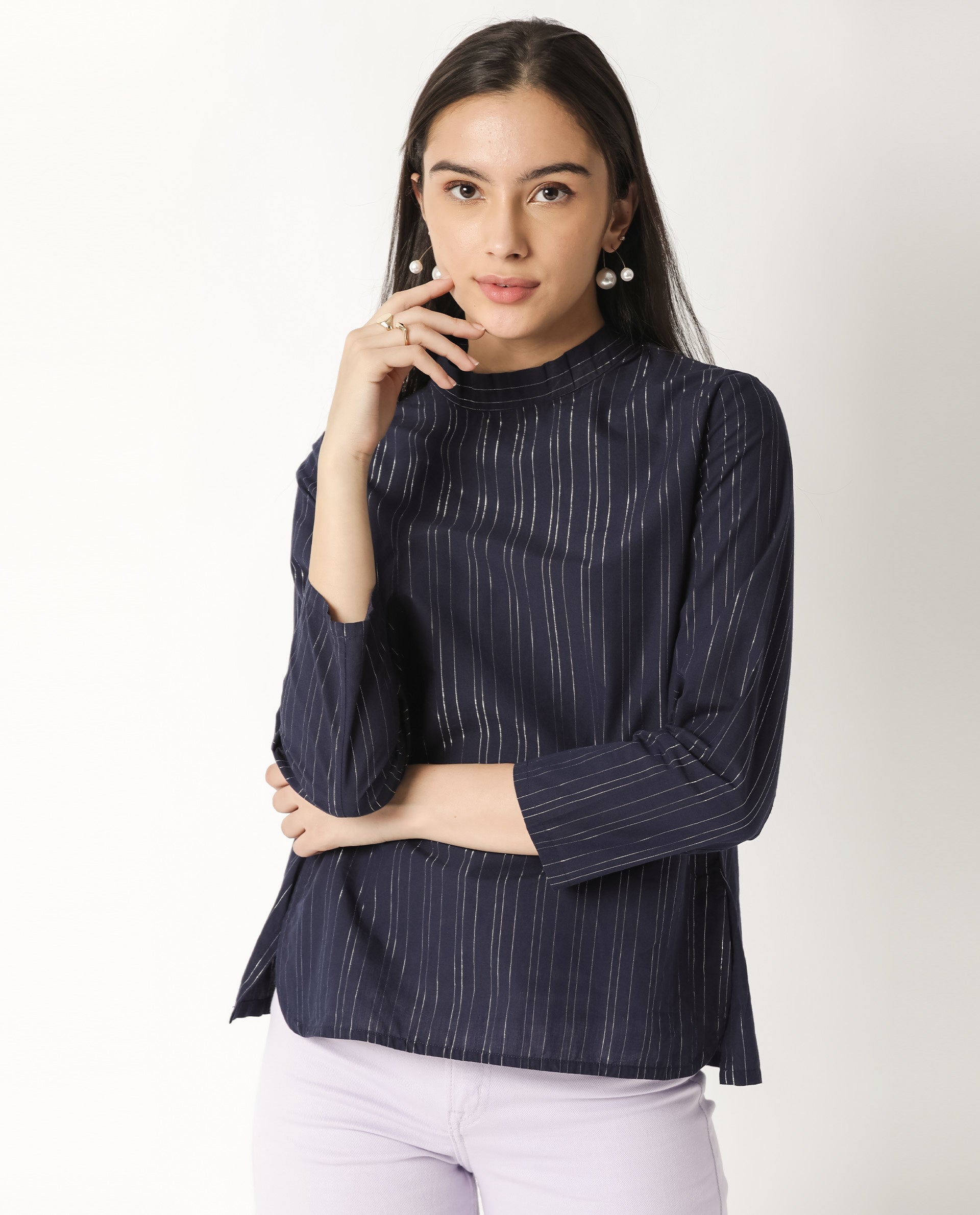 Women'S Tarnish Navy Regular Fit High Neck Full Sleeves Striped Top