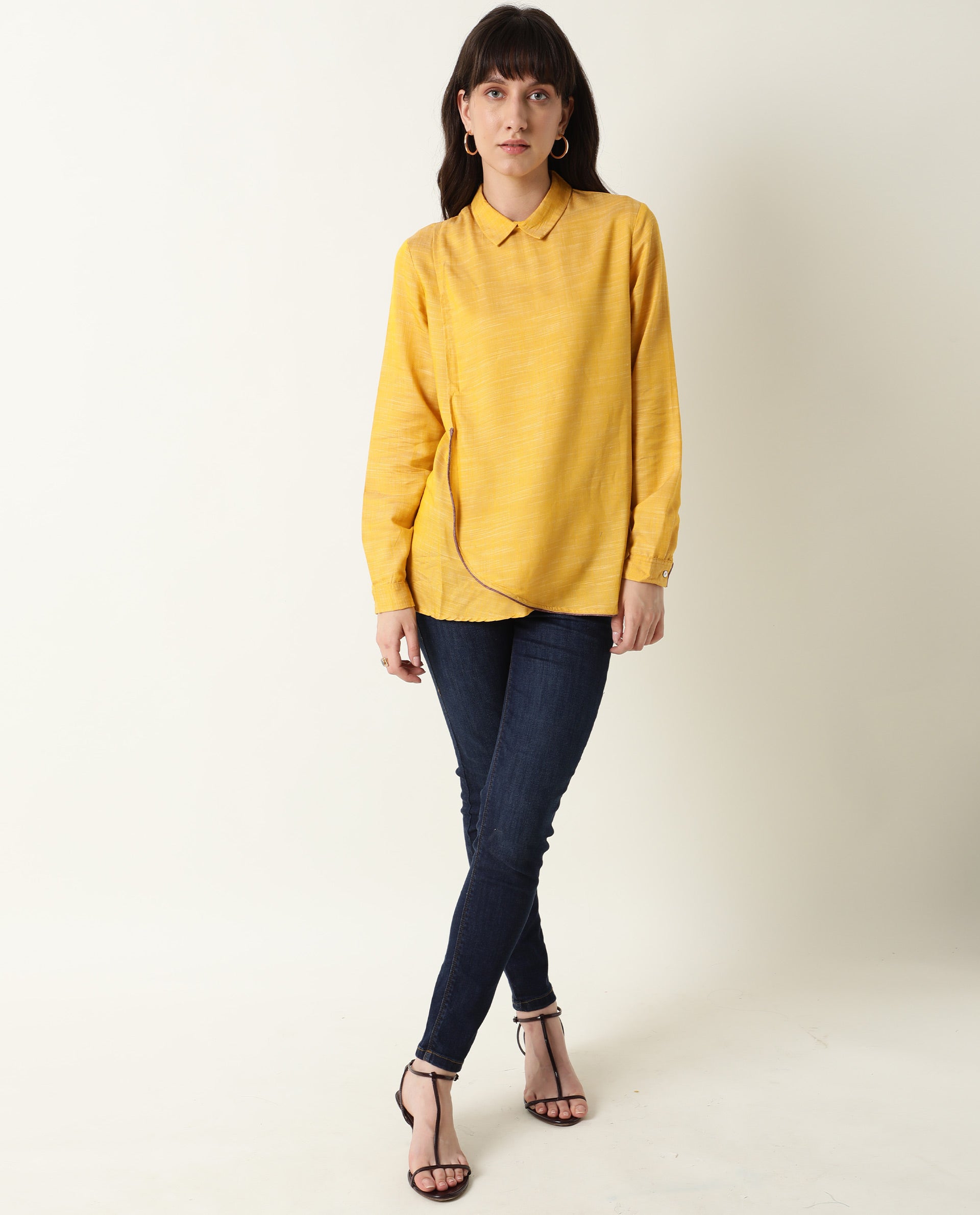 Womens Kara Yellow Top Polycotton Fabric Full Sleeves Collar Neck