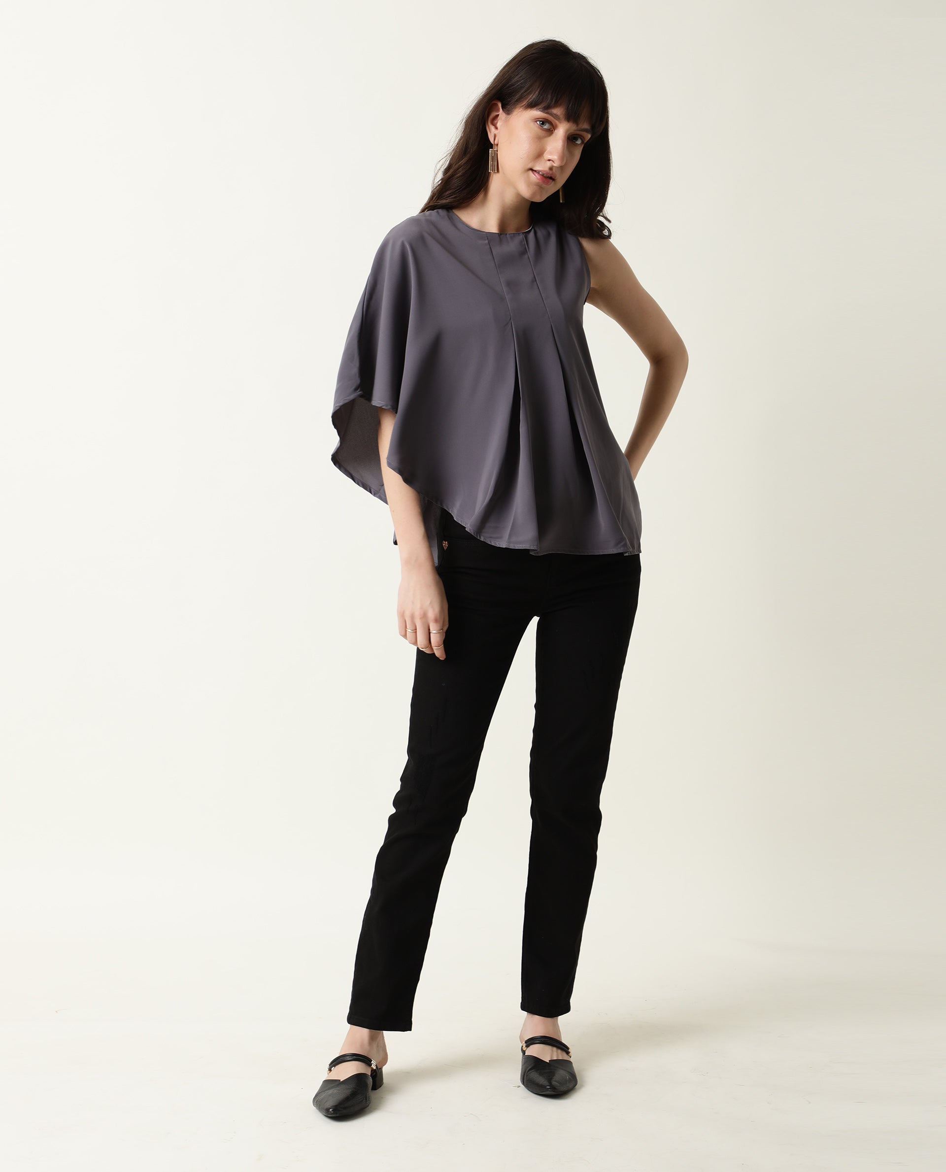 Womens Hudy Grey Top Polyester Fabric Relaxed Fit Flared Sleeve Round Neck