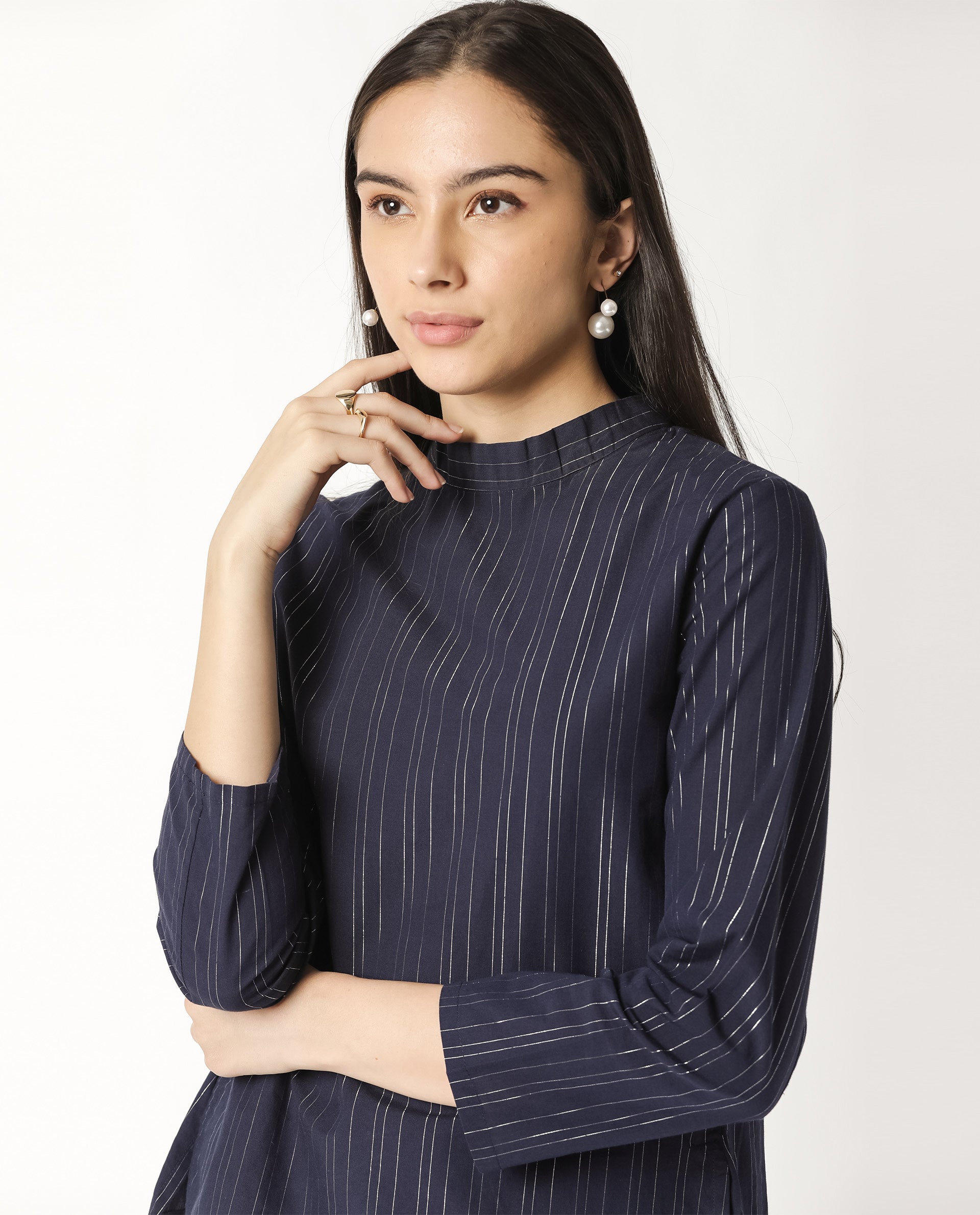 Women'S Tarnish Navy Regular Fit High Neck Full Sleeves Striped Top