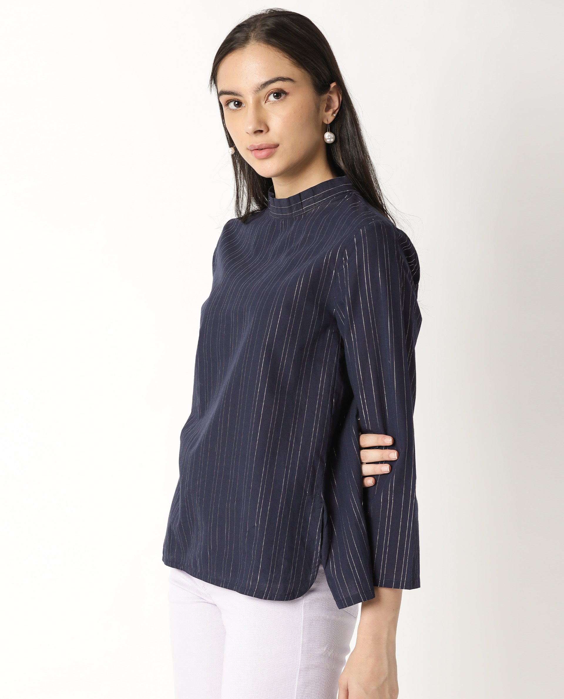 Women'S Tarnish Navy Regular Fit High Neck Full Sleeves Striped Top