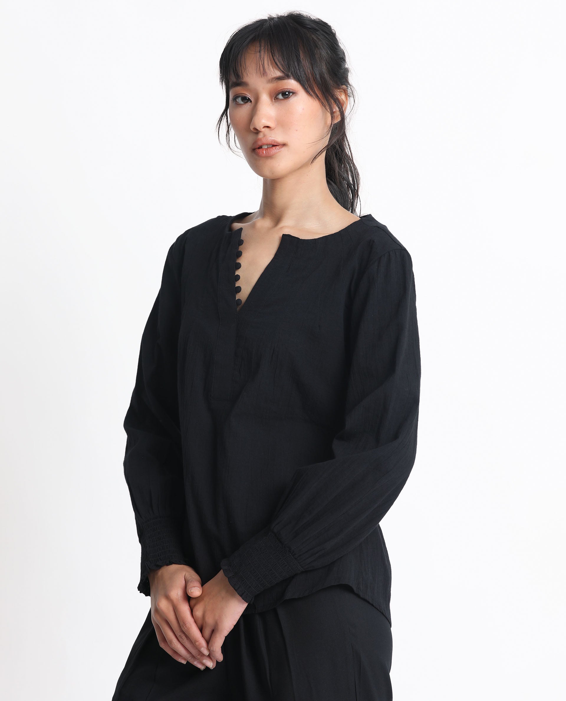 Women'S Mante Black Cotton Fabric Full Sleeves Button Closure Mandarin Collar Bishop Sleeve Regular Fit Plain Top