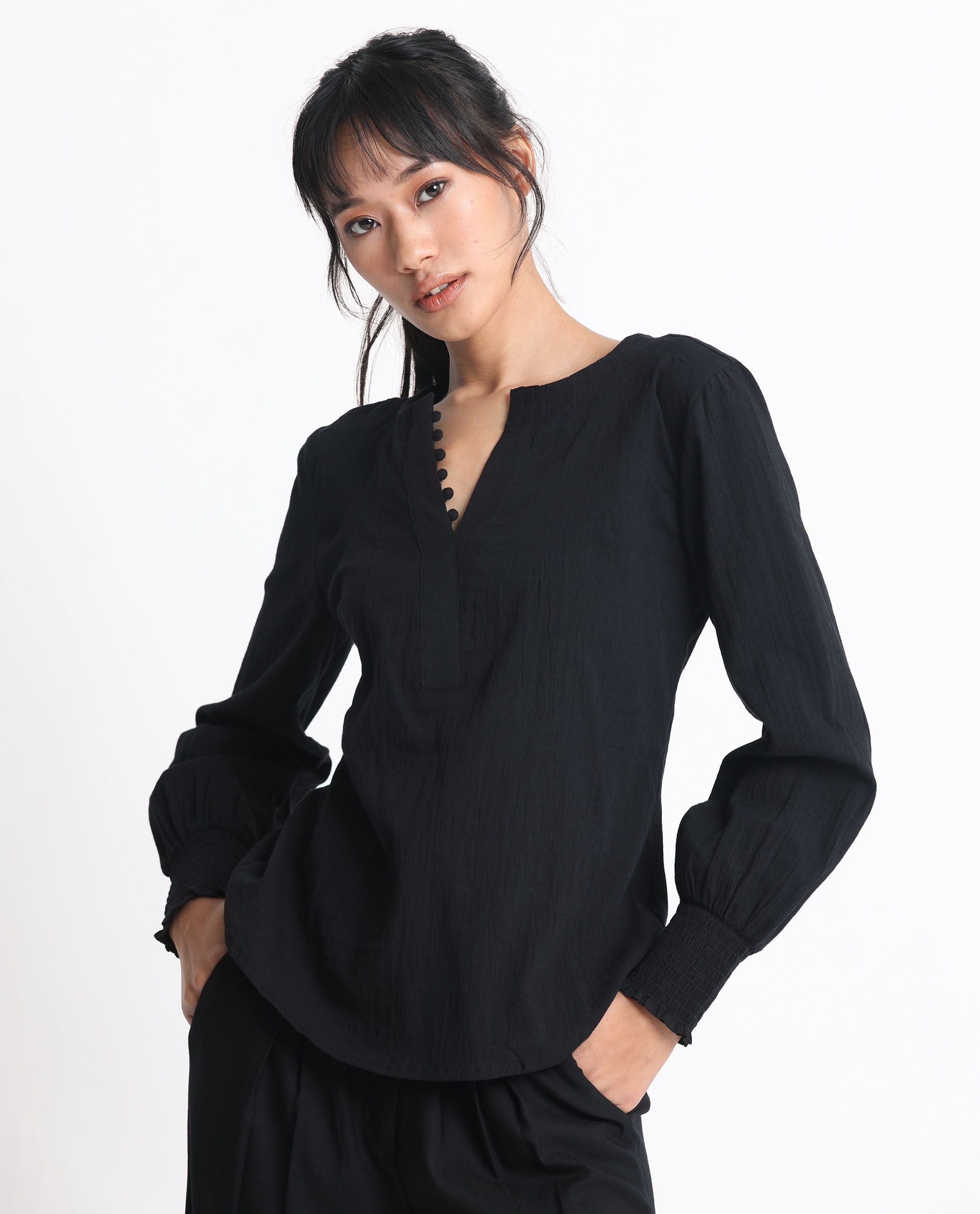 Women'S Mante Black Cotton Fabric Full Sleeves Button Closure Mandarin Collar Bishop Sleeve Regular Fit Plain Top