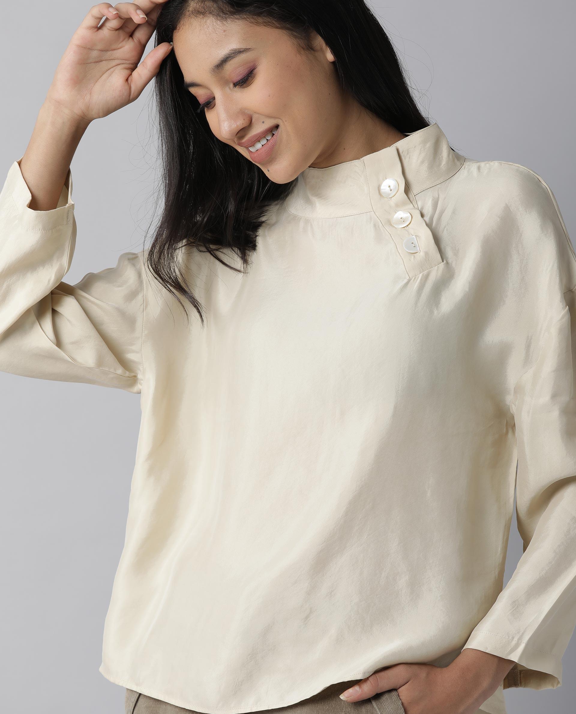 Womens Mawa Beige Top Full Sleeve High Collared