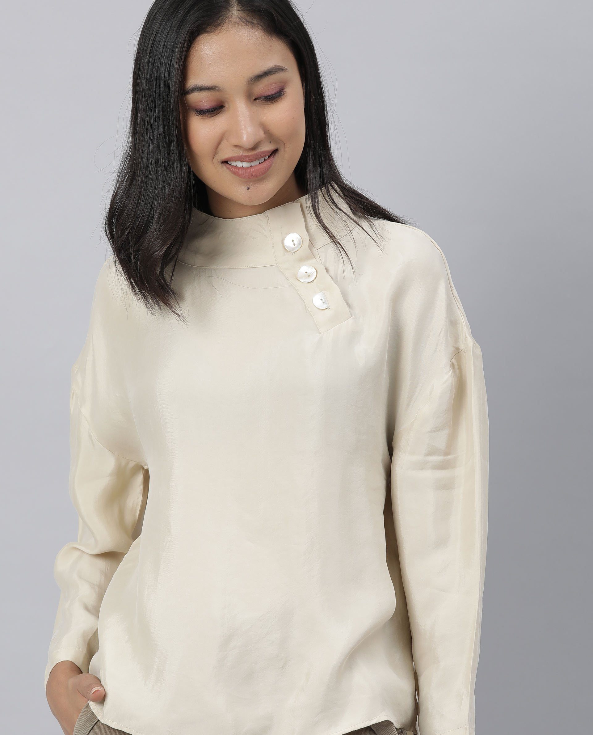 Womens Mawa Beige Top Full Sleeve High Collared