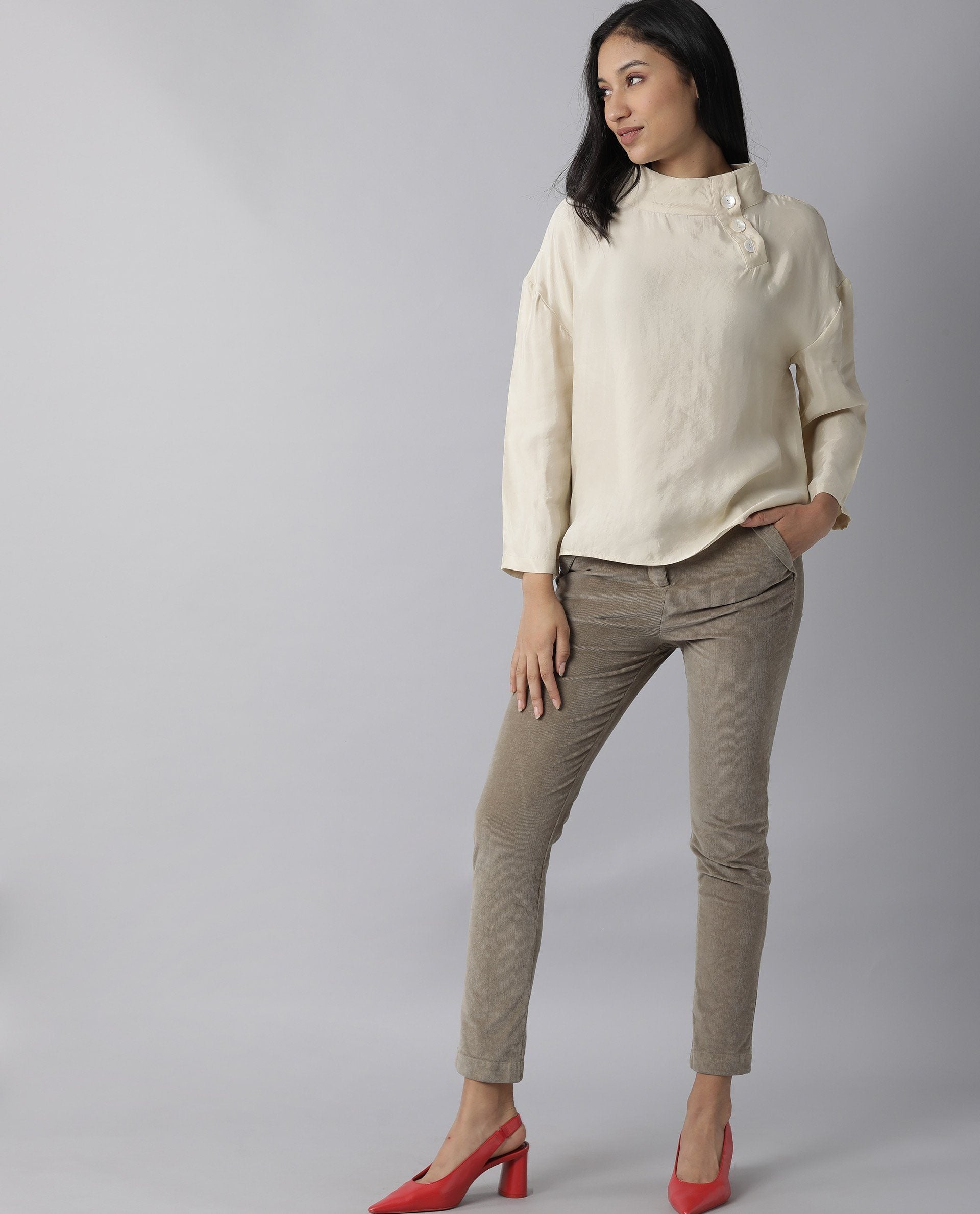 Womens Mawa Beige Top Full Sleeve High Collared