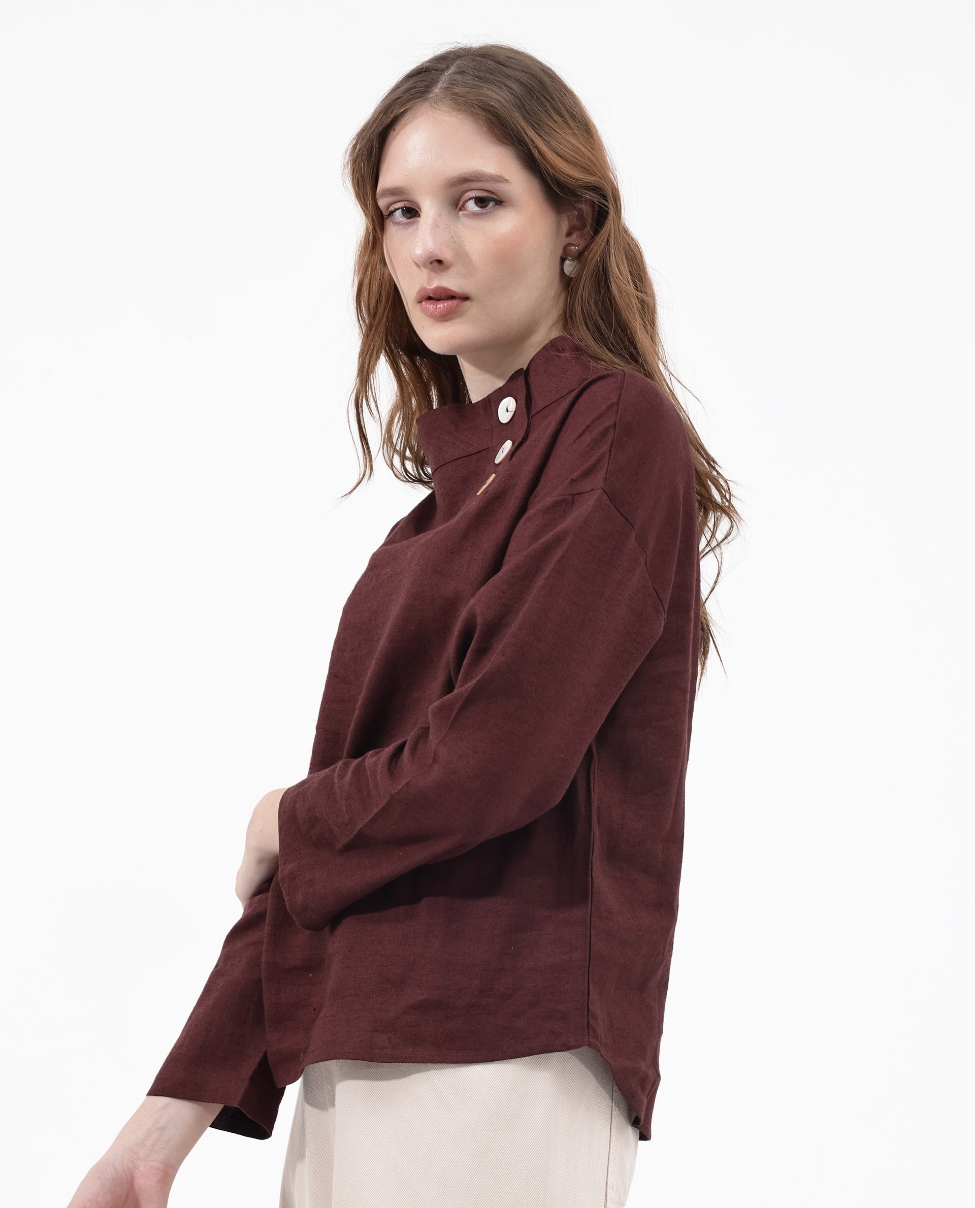 Women'S Mayotte Brown Cotton Linen Fabric Regular Sleeves Collared Neck Solid Regular Length Top