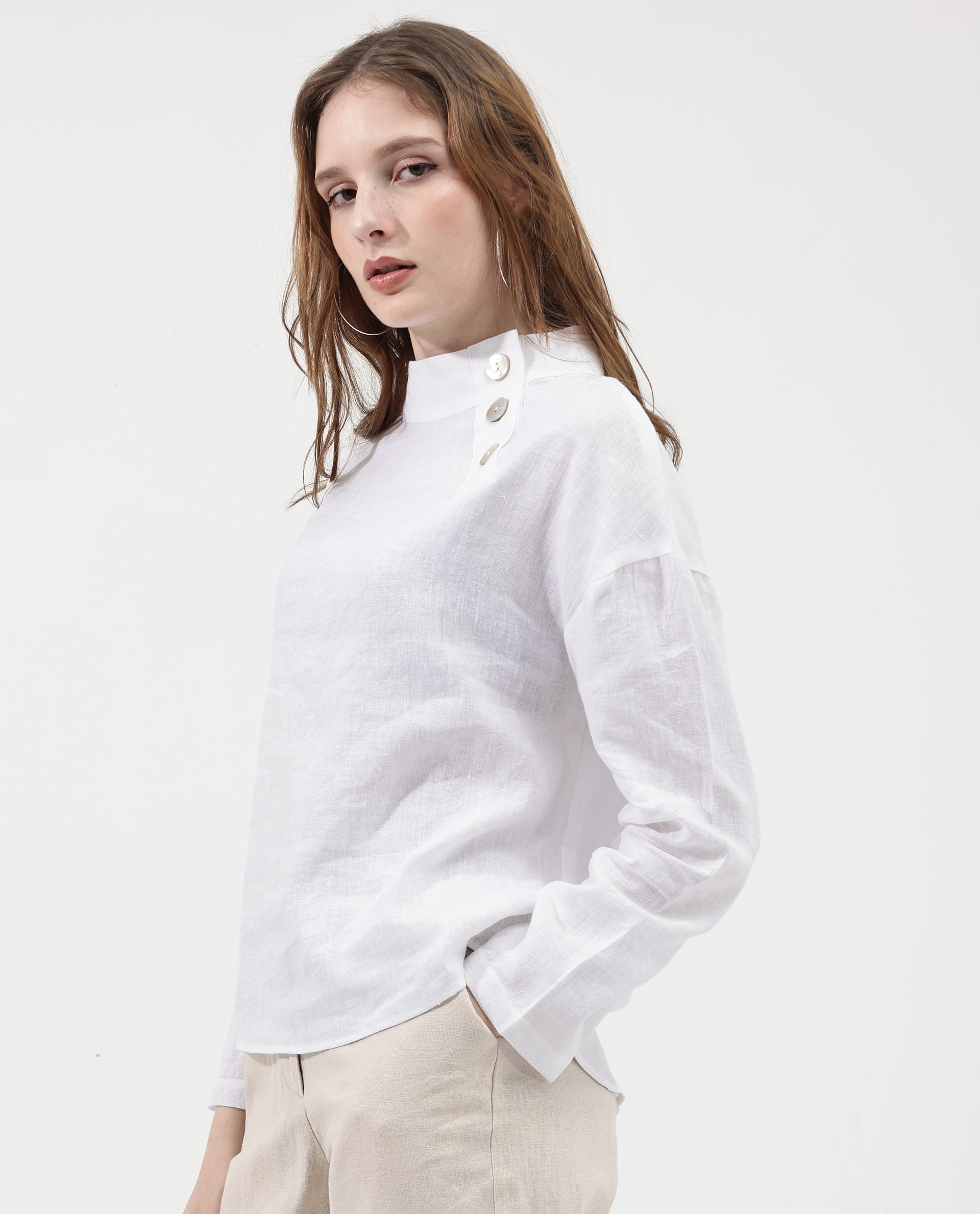 Women'S Mayotte White Cotton Linen Fabric Regular Sleeves Collared Neck Solid Regular Length Top