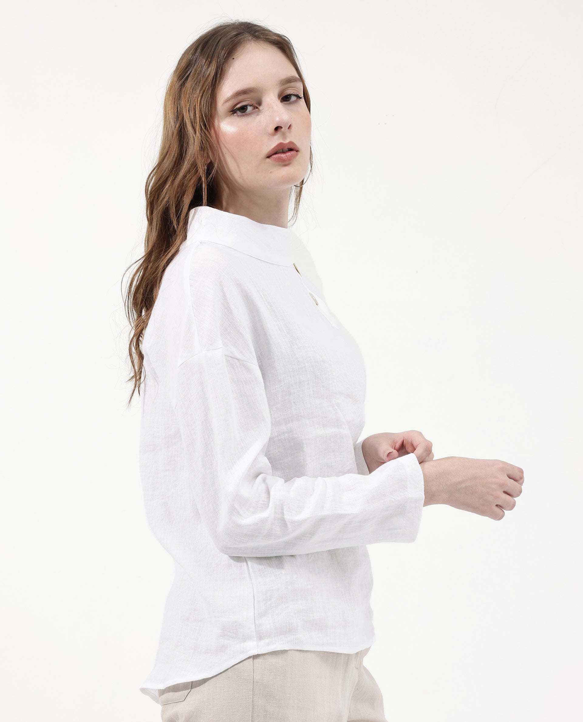 Women'S Mayotte White Cotton Linen Fabric Regular Sleeves Collared Neck Solid Regular Length Top