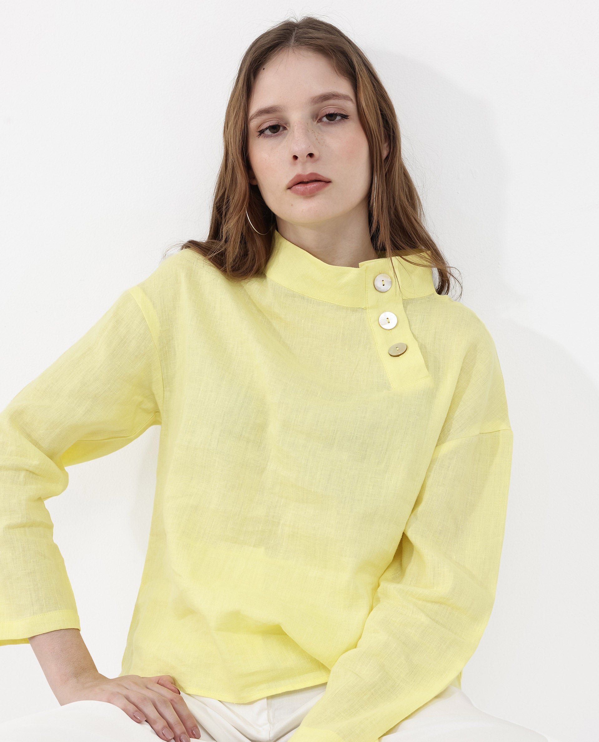 Women'S Mayotte Pastel Yellow Cotton Linen Fabric Regular Sleeves Collared Neck Solid Regular Length Top