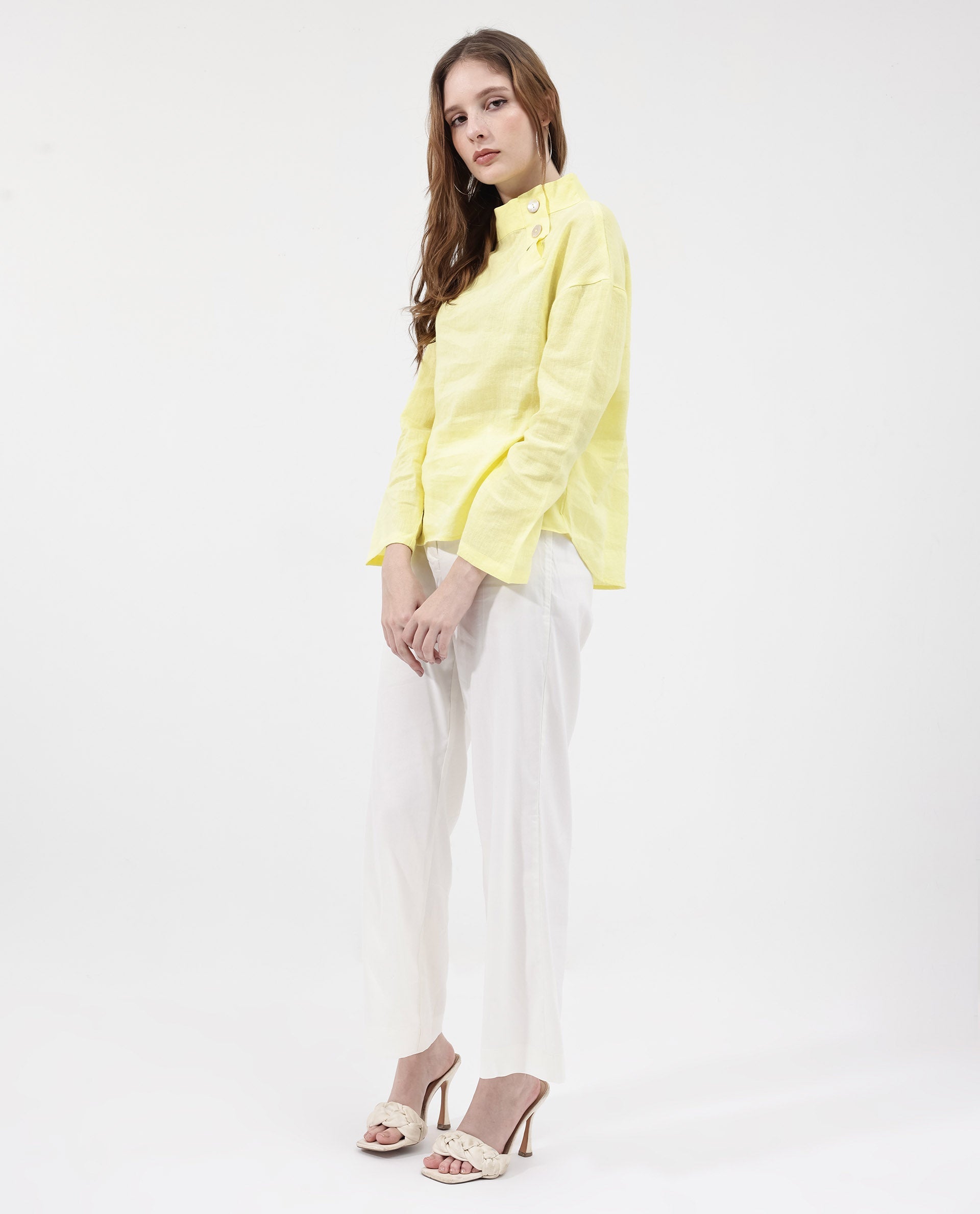 Women'S Mayotte Pastel Yellow Cotton Linen Fabric Regular Sleeves Collared Neck Solid Regular Length Top