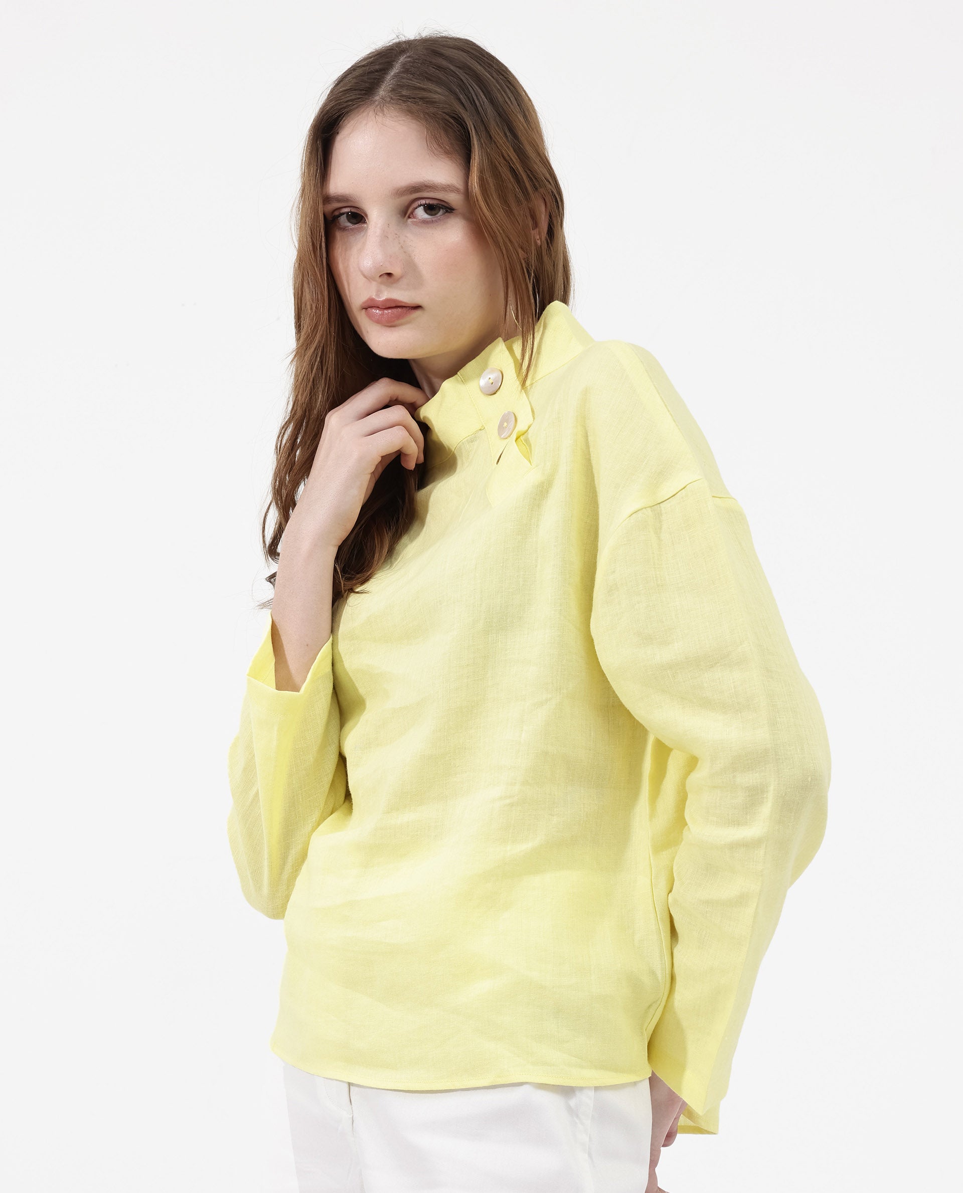 Women'S Mayotte Pastel Yellow Cotton Linen Fabric Regular Sleeves Collared Neck Solid Regular Length Top