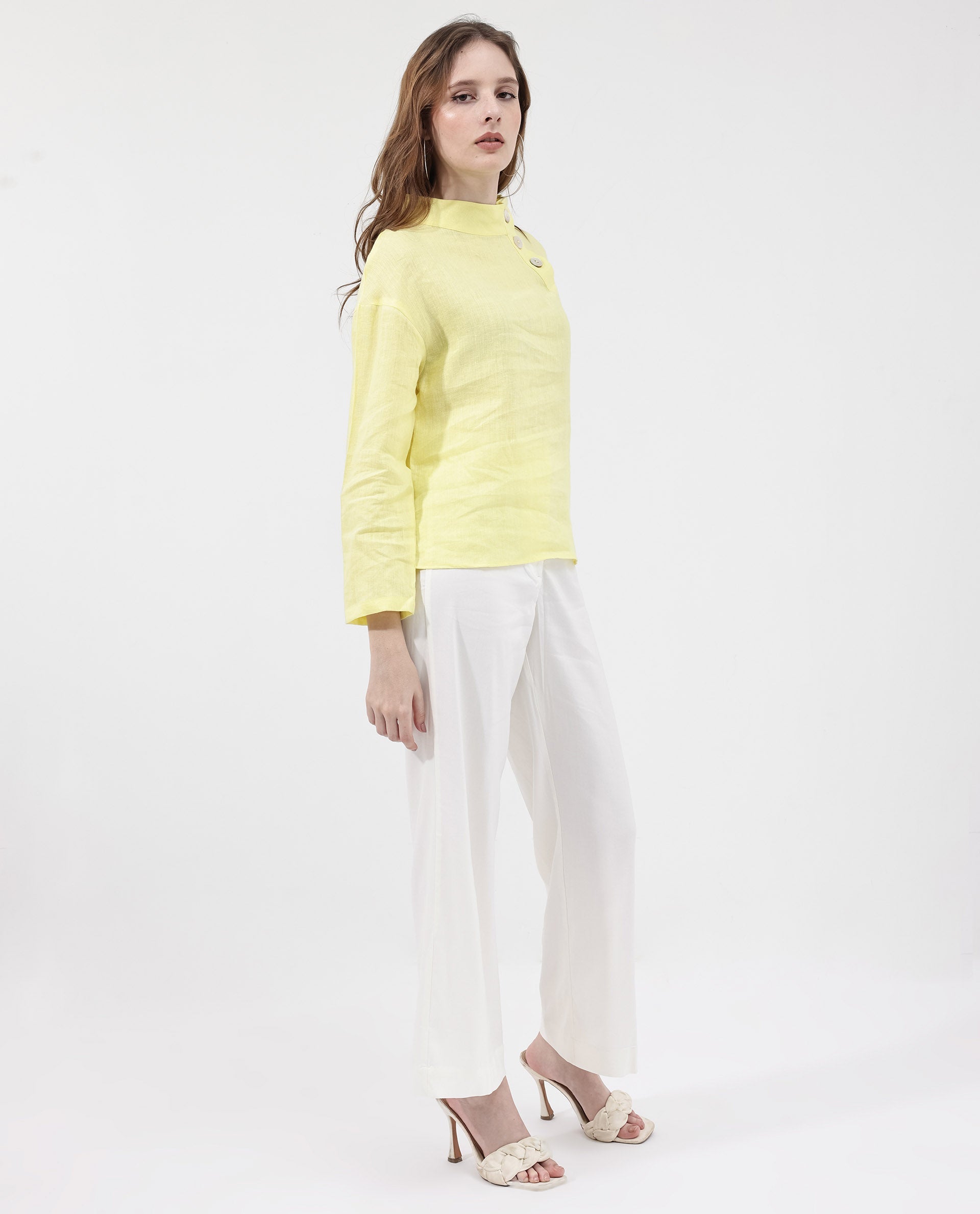 Women'S Mayotte Pastel Yellow Cotton Linen Fabric Regular Sleeves Collared Neck Solid Regular Length Top