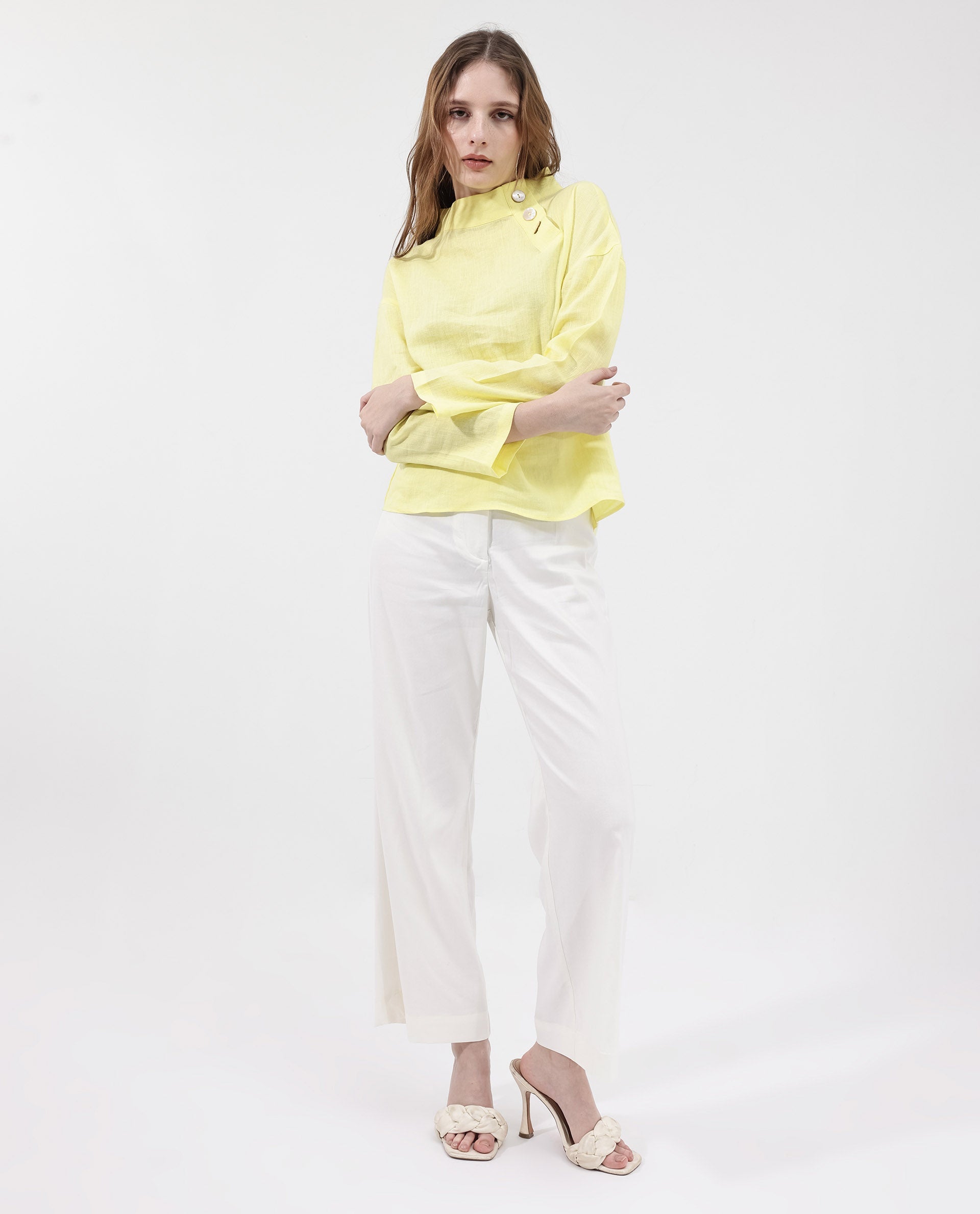 Women'S Mayotte Pastel Yellow Cotton Linen Fabric Regular Sleeves Collared Neck Solid Regular Length Top