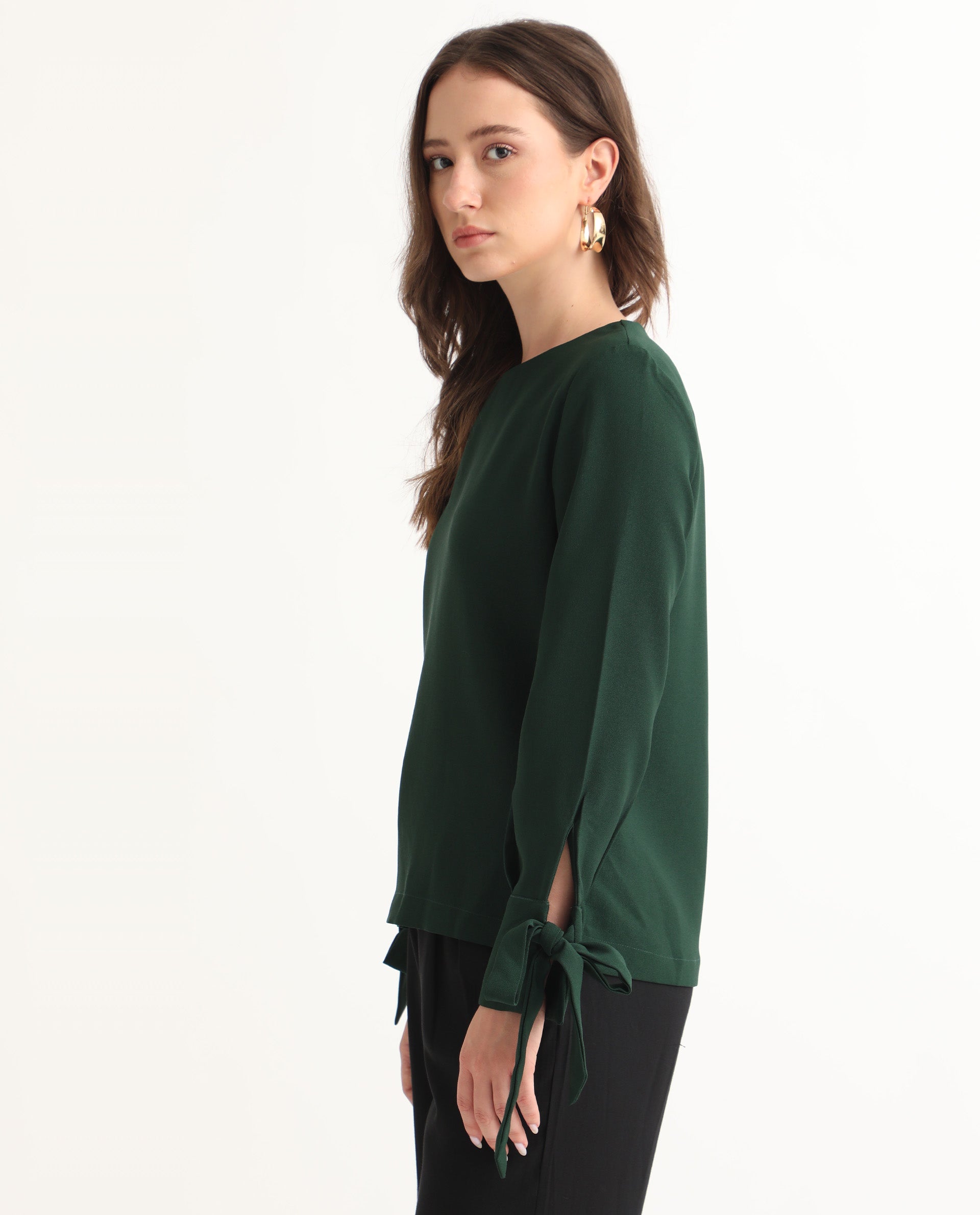 Women'S Merach Green Polyester Fabric Full Sleeves Button Closure Boat Neck Regular Fit Plain Top